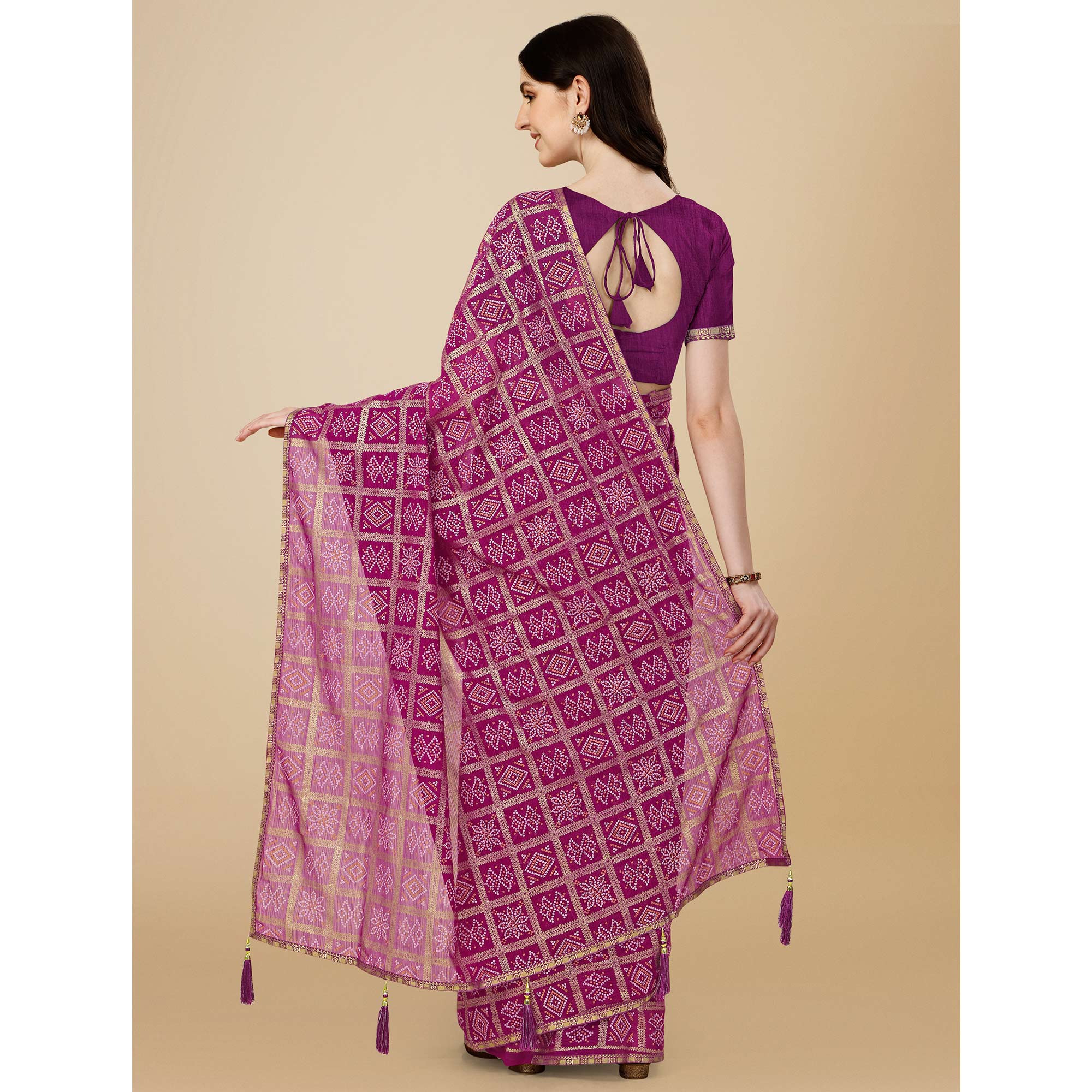 Purple Bandhani Foil Printed Zomato Saree With Tassels