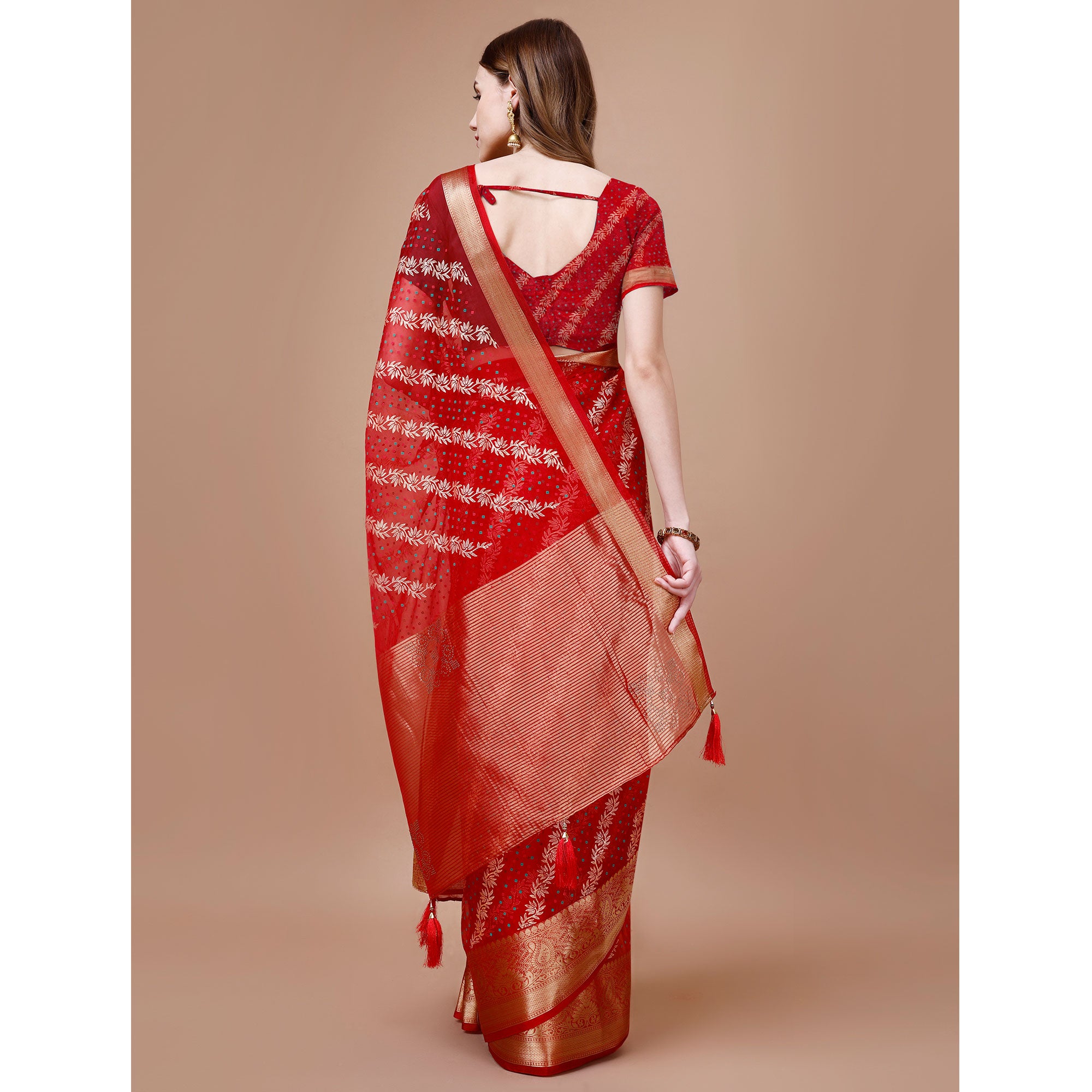 Red Foil Printed Organza Saree With Woven Border