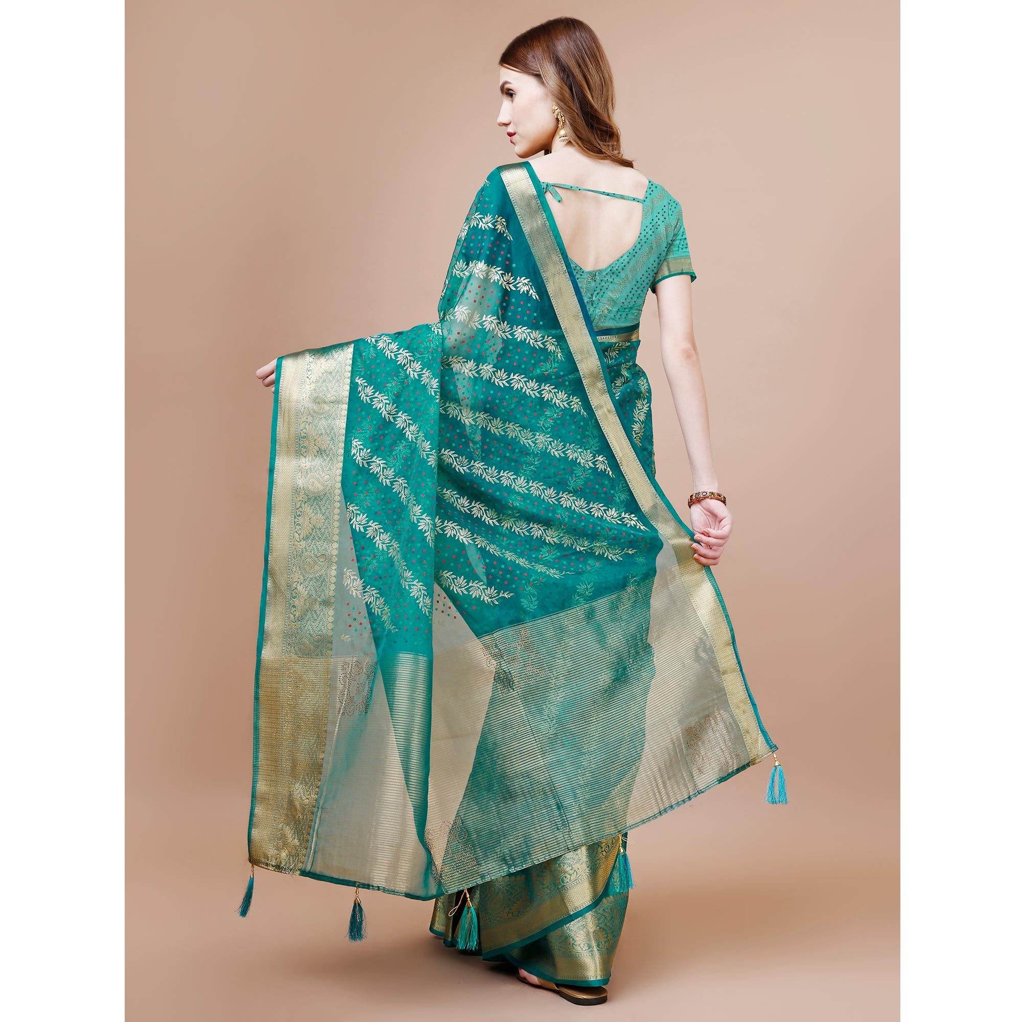 Rama Blue Foil Printed Organza Saree With Woven Border