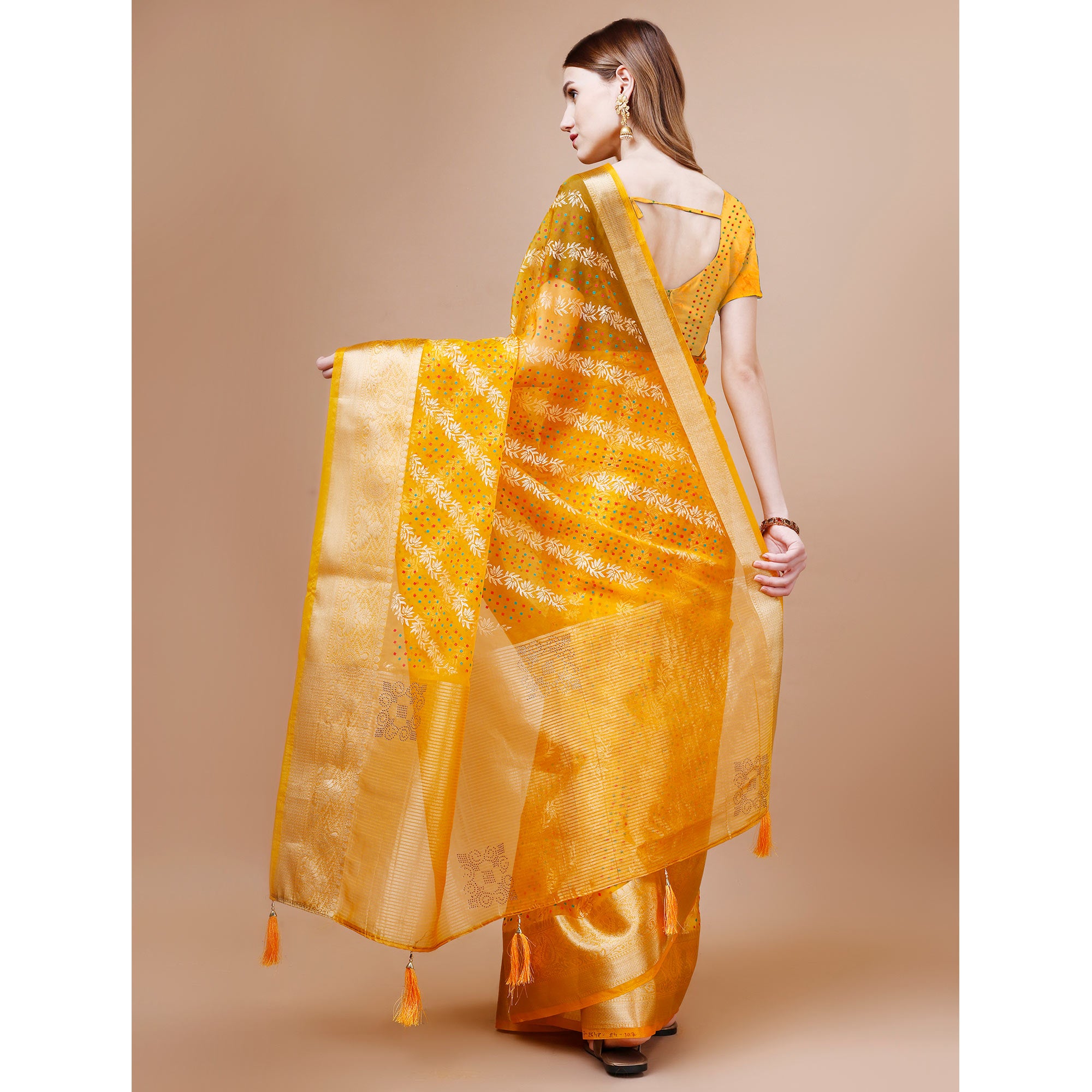 Yellow Foil Printed Organza Saree With Woven Border