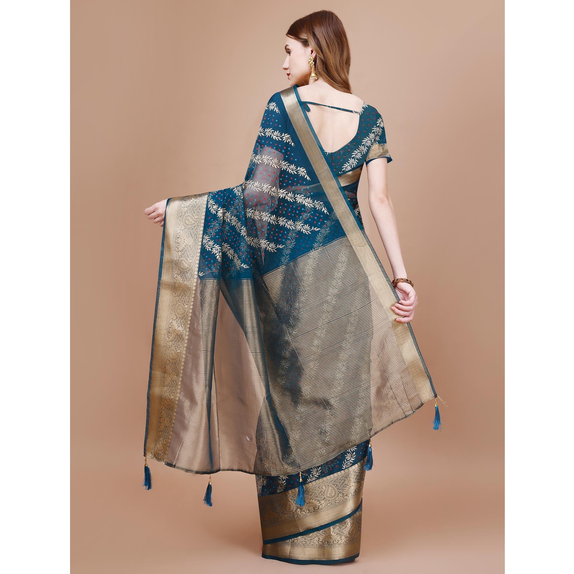 Blue Foil Printed Organza Saree With Woven Border