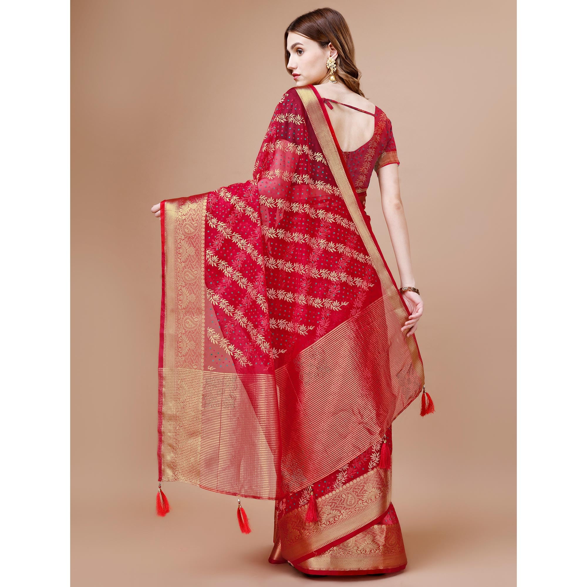 Pink Foil Printed Organza Saree With Woven Border