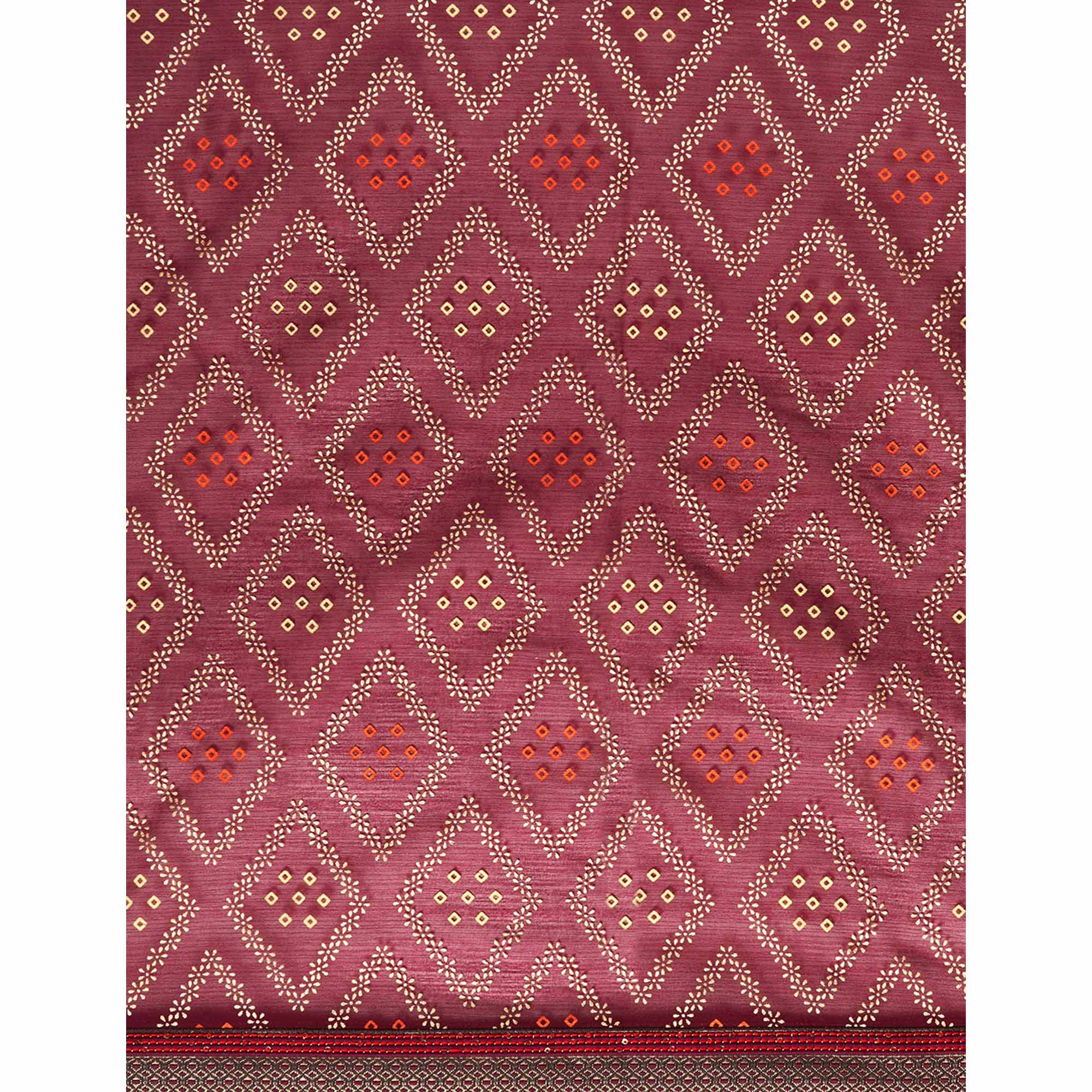 Wine Floral Foil Printed Chiffon Saree With Tassels