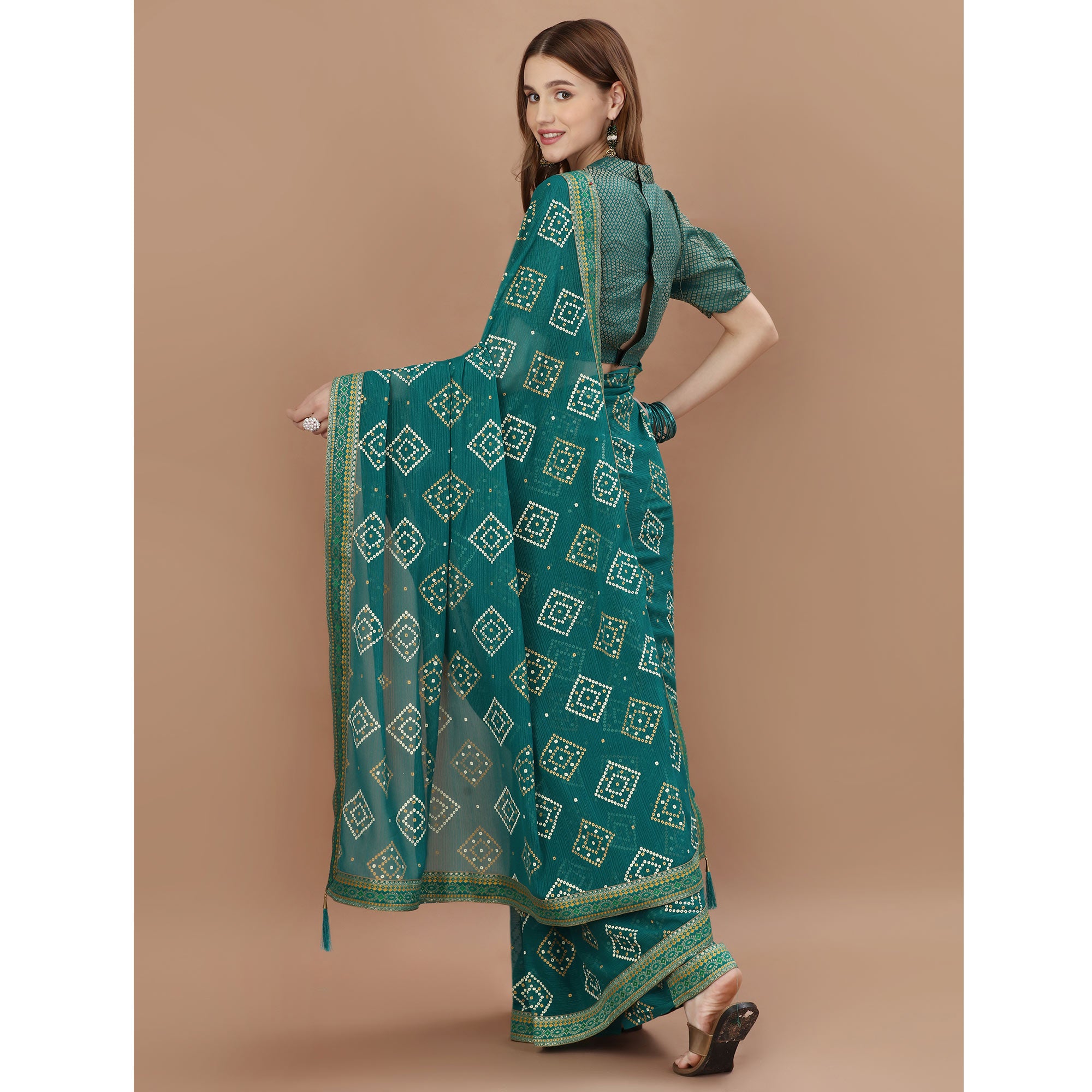 Teal Blue Bandhani Printed Chiffon Saree