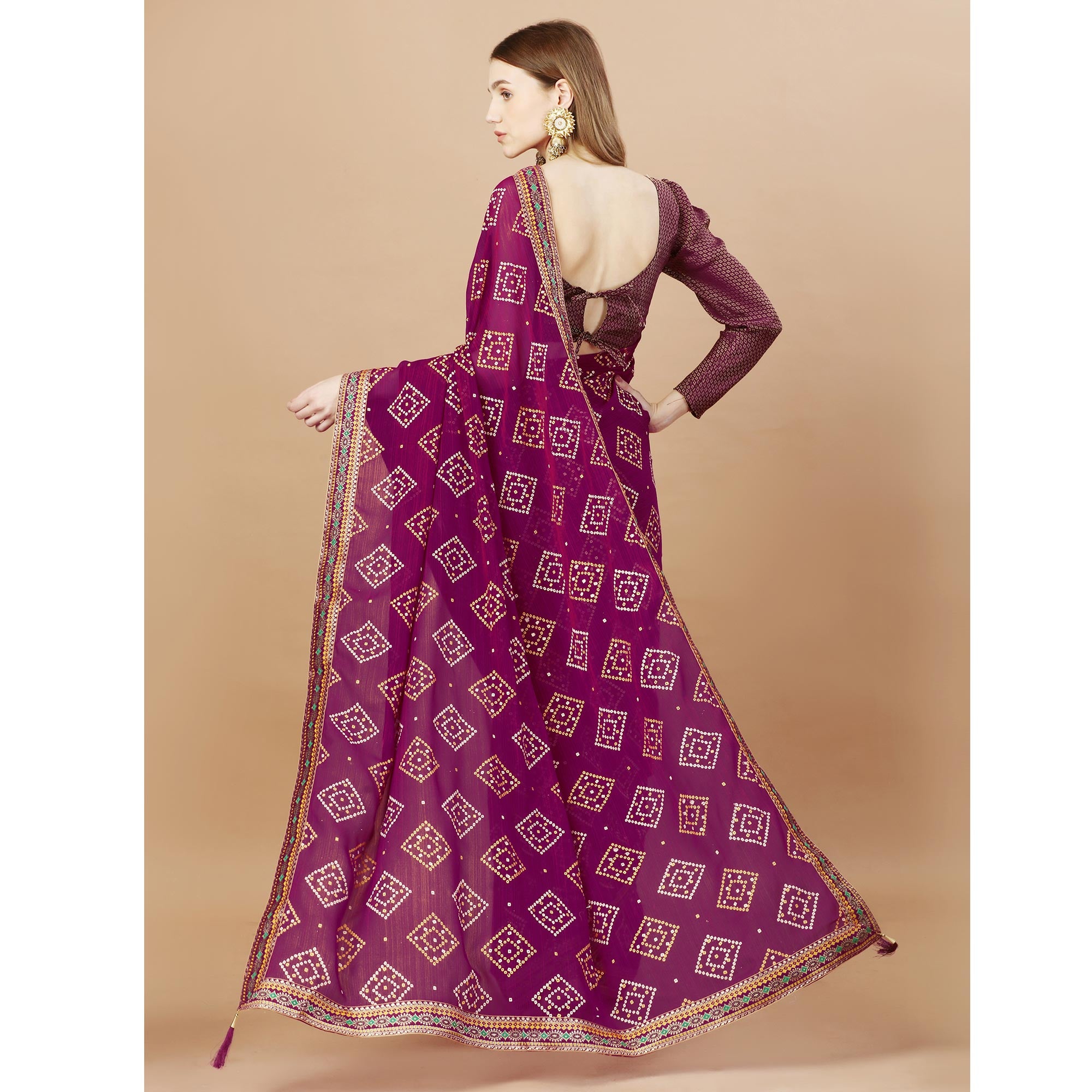 Purple Bandhani Printed Chiffon Saree