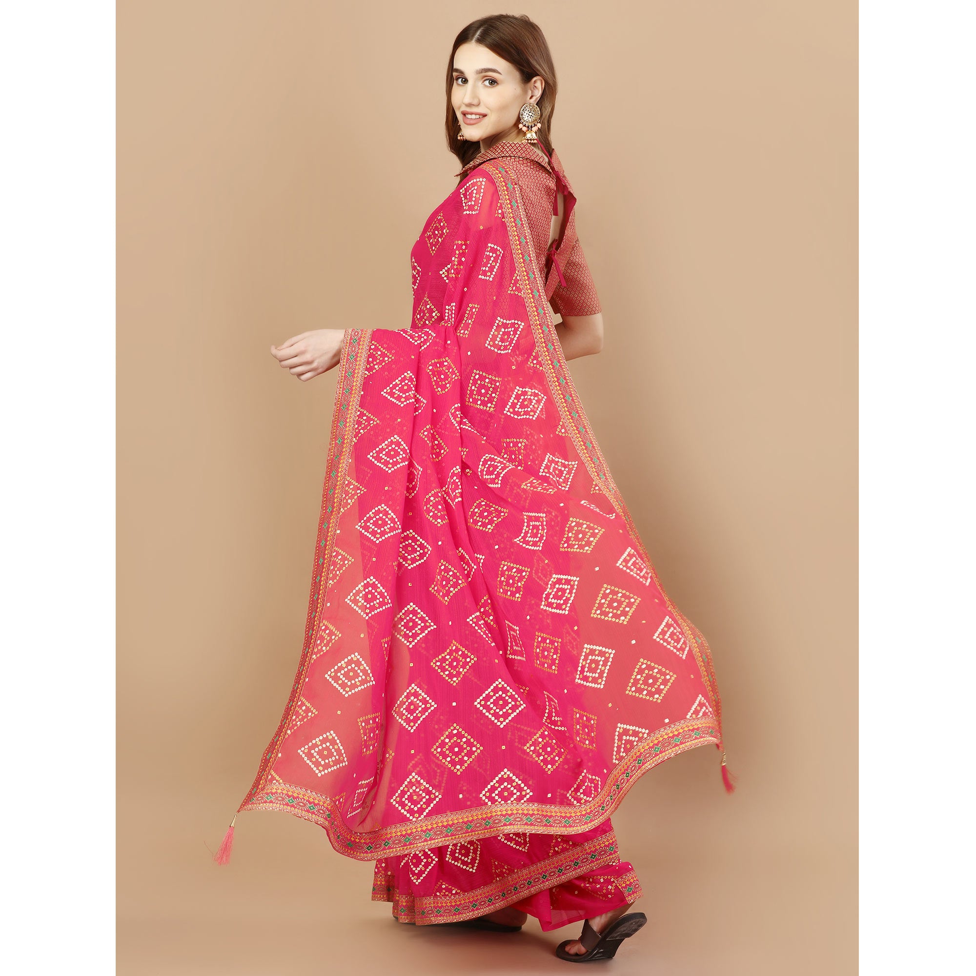 Pink Bandhani Printed Chiffon Saree