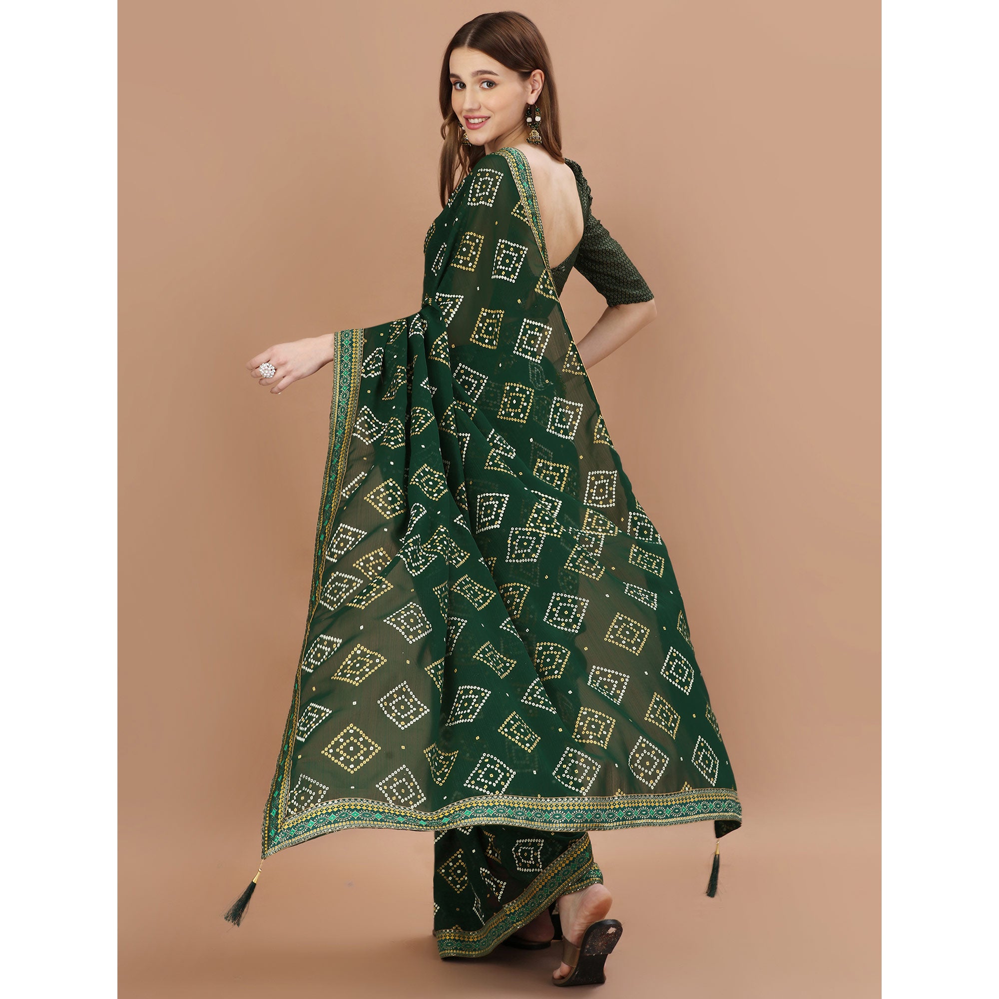 Green Bandhani Printed Chiffon Saree