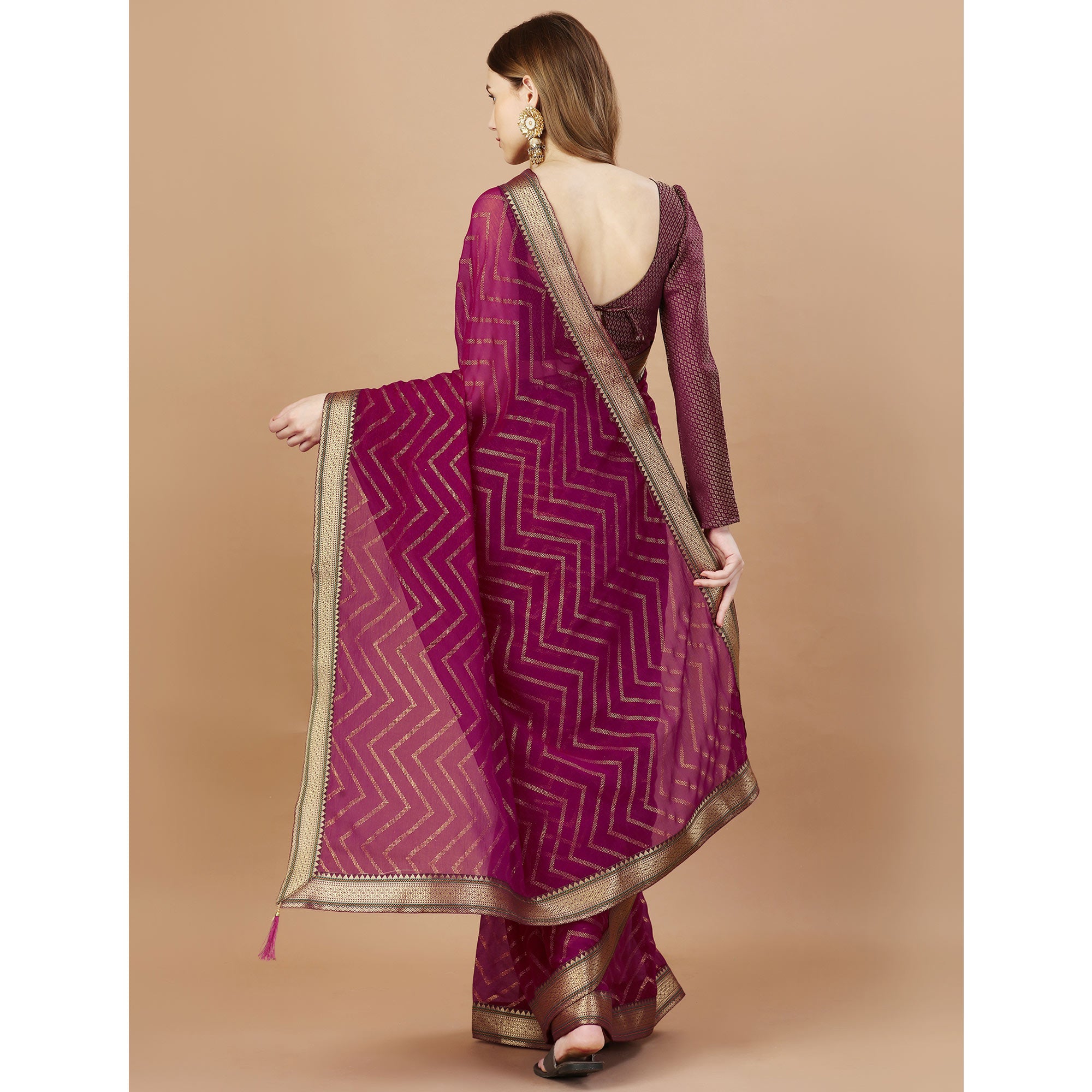 Wine Foil Printed Chiffon Saree With Lace Border