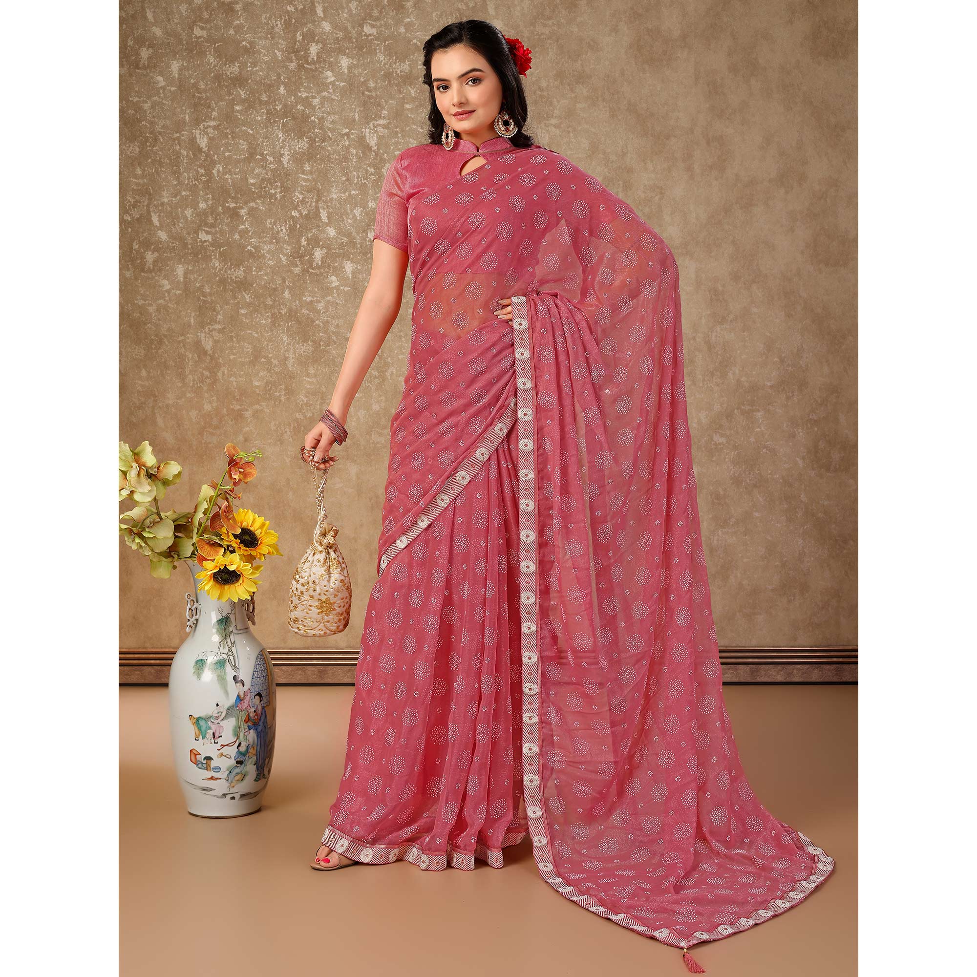 Pink Printed Chiffon Saree With Lace Border