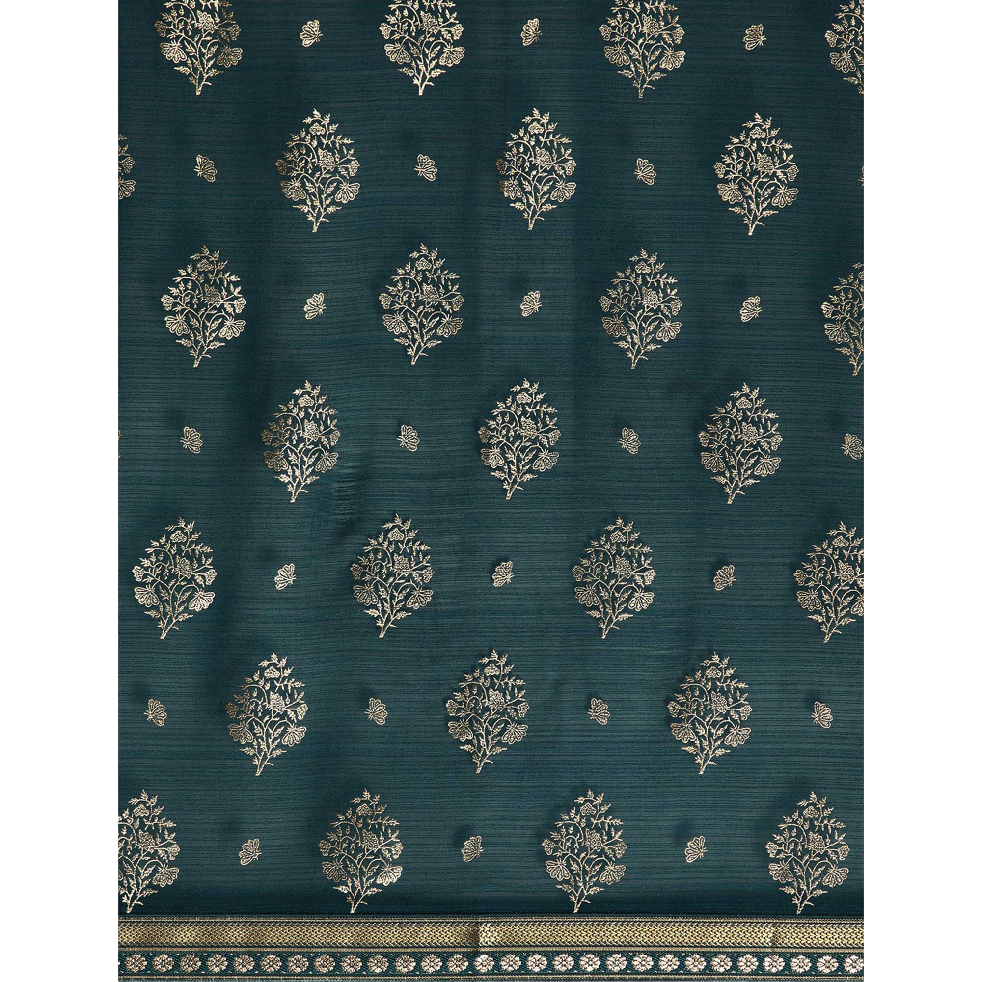 Teal Blue Floral Foil Printed Chiffon Saree With Tassels