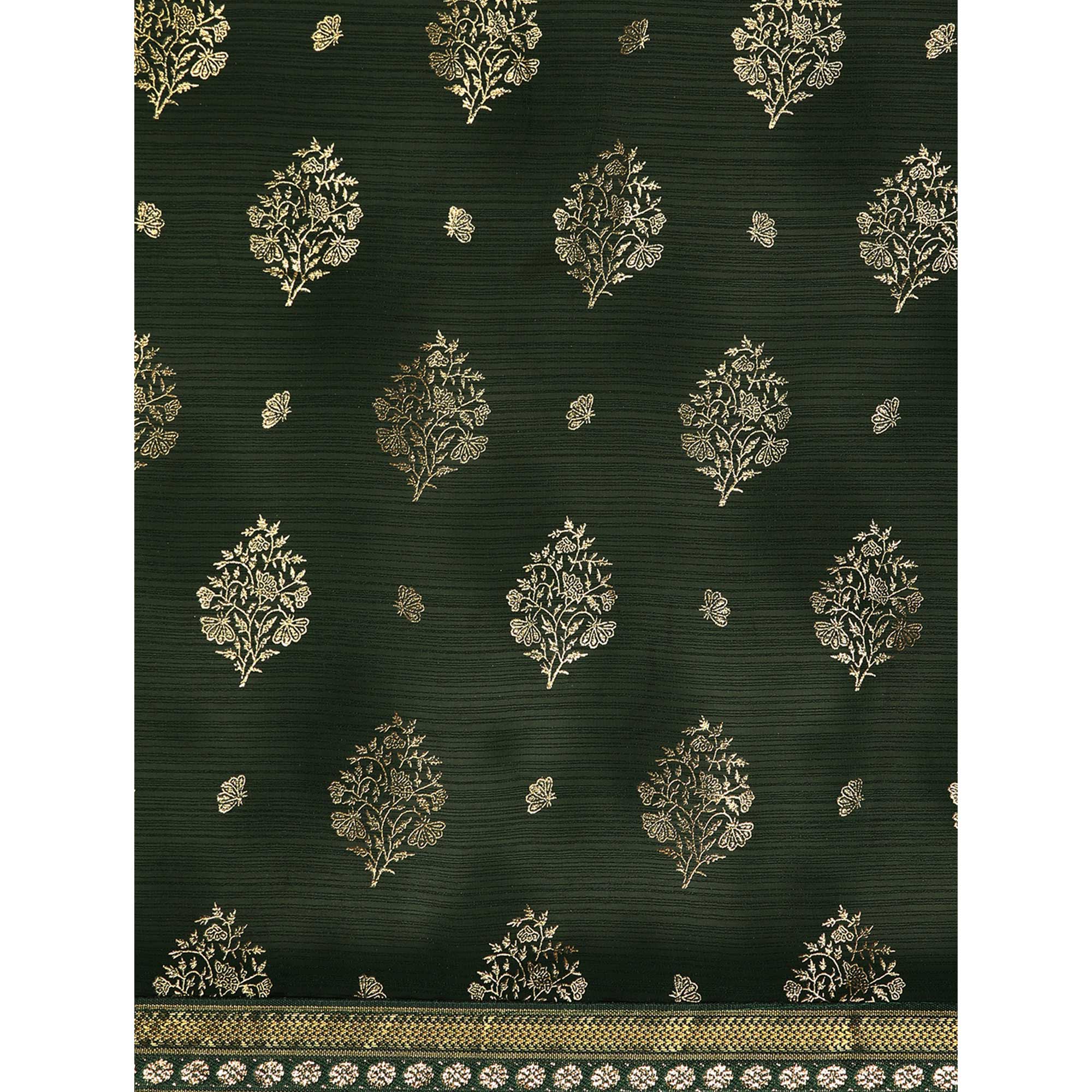 Green Floral Foil Printed Chiffon Saree With Tassels