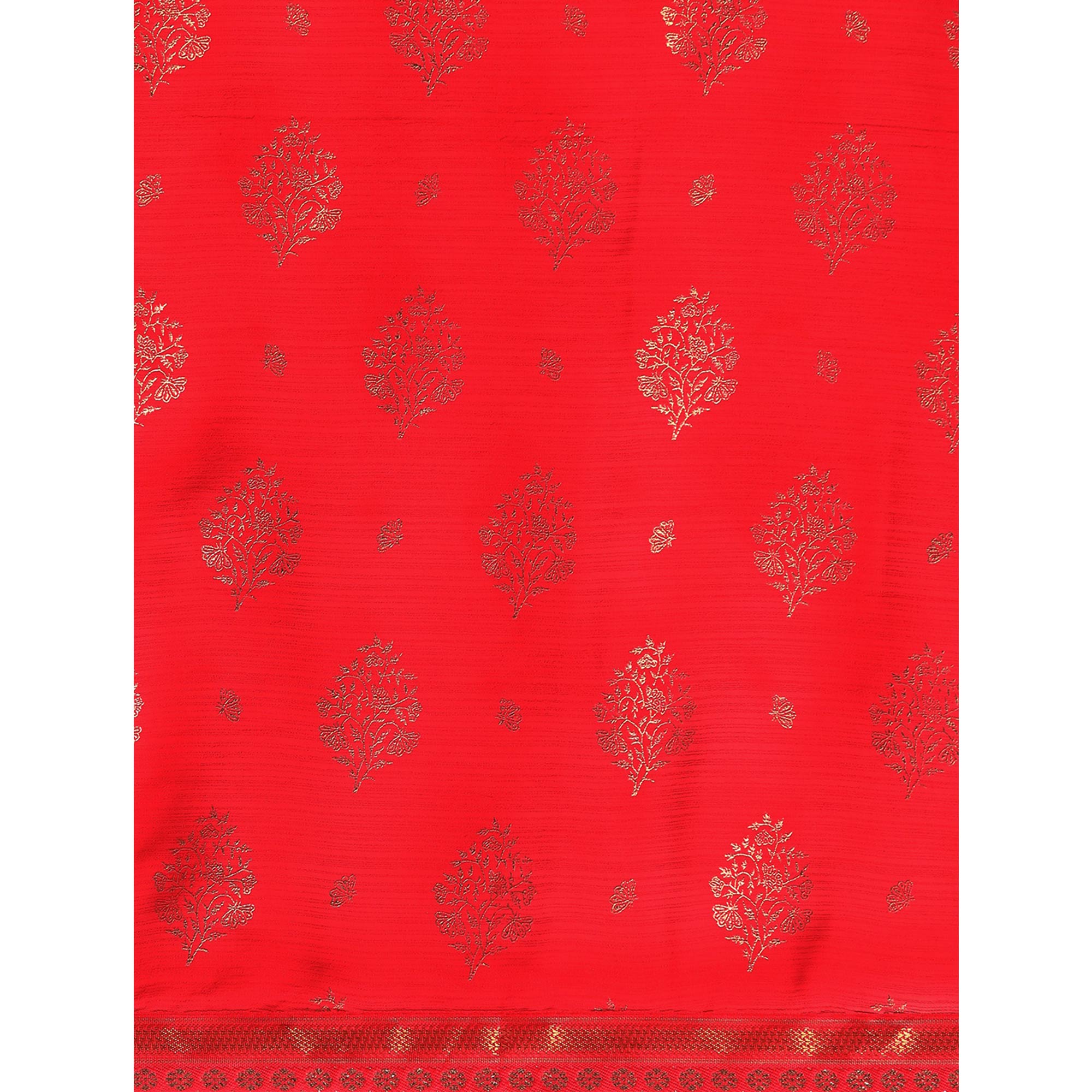 Red Floral Foil Printed Chiffon Saree With Tassels