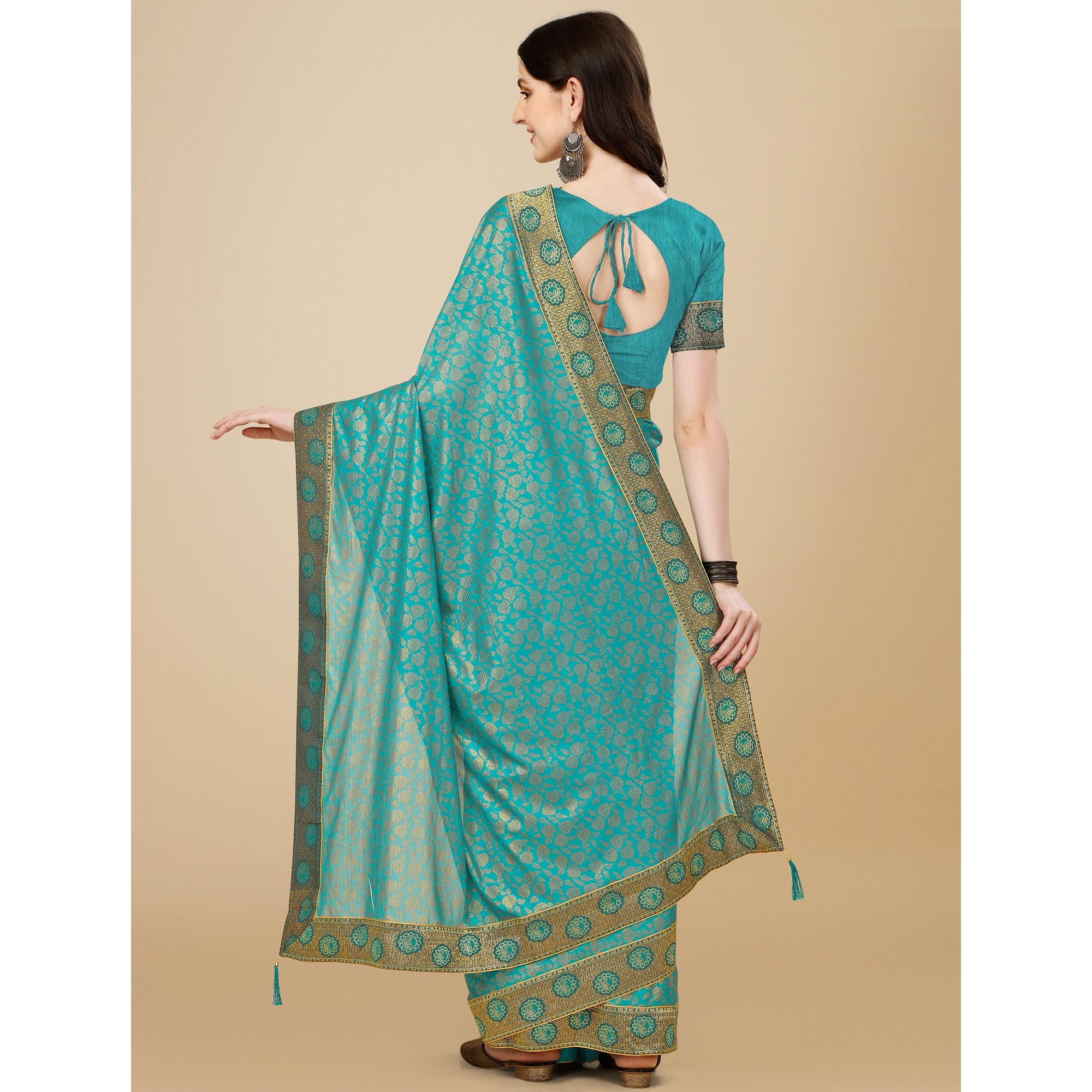 Teal Blue Floral Handloom Woven Rayon Saree