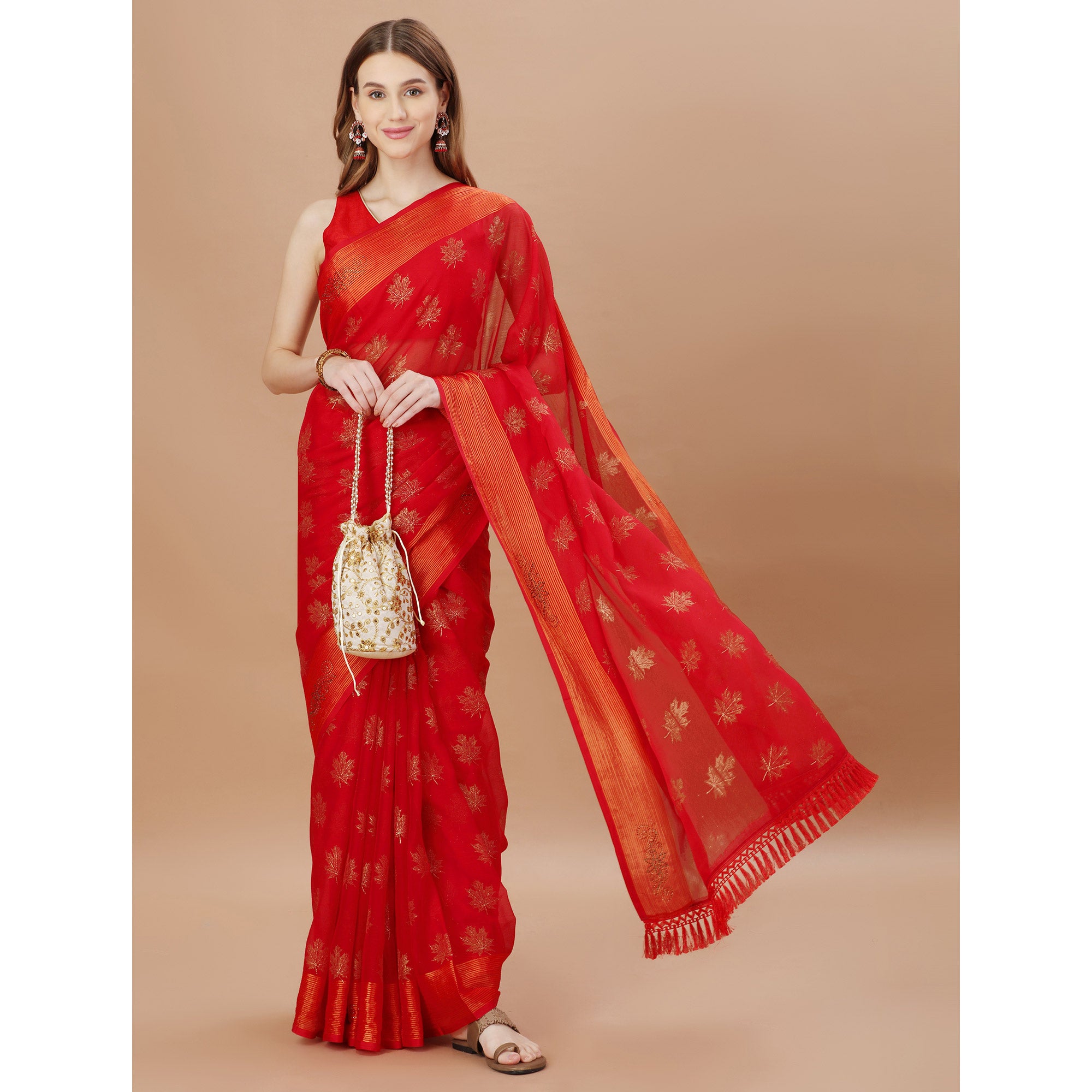 Red Zari Work Chiffon Saree With Tassels