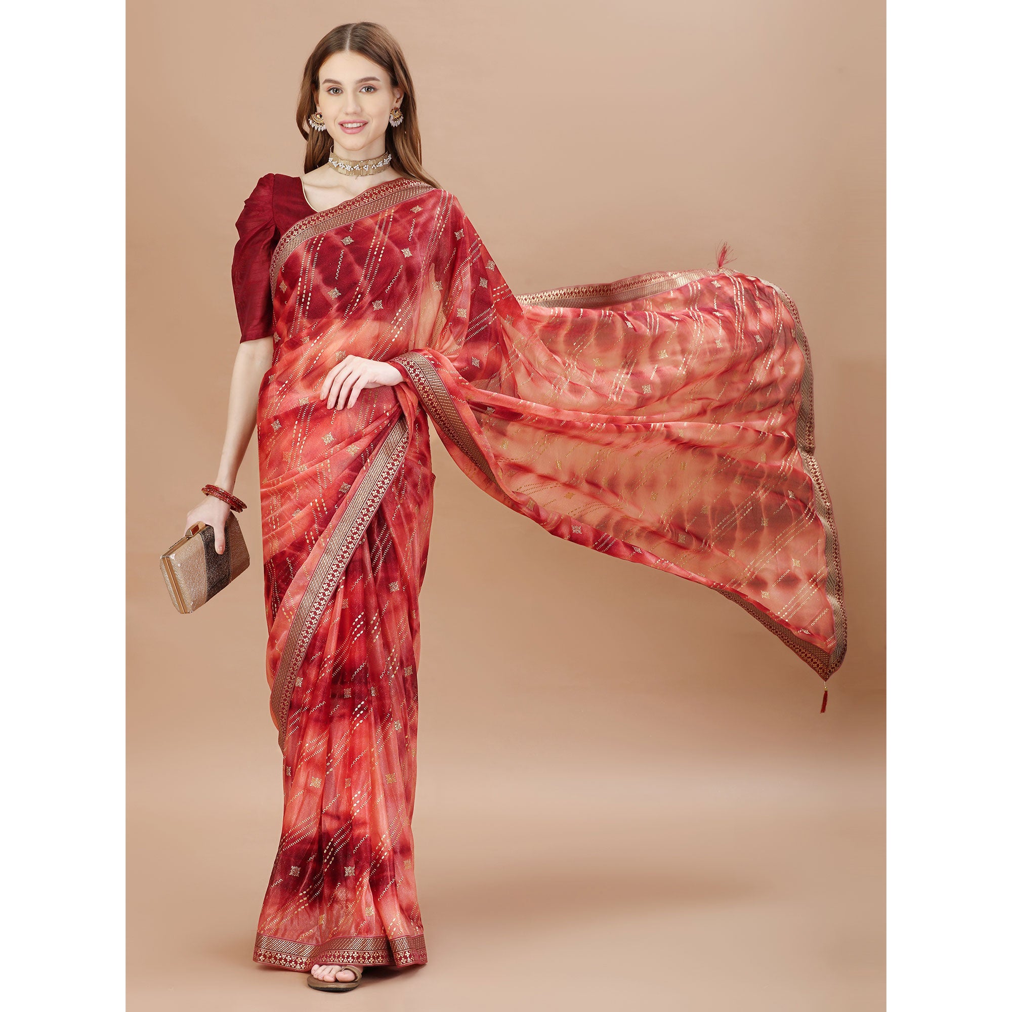Red Zari Work Chiffon Saree Lace Border