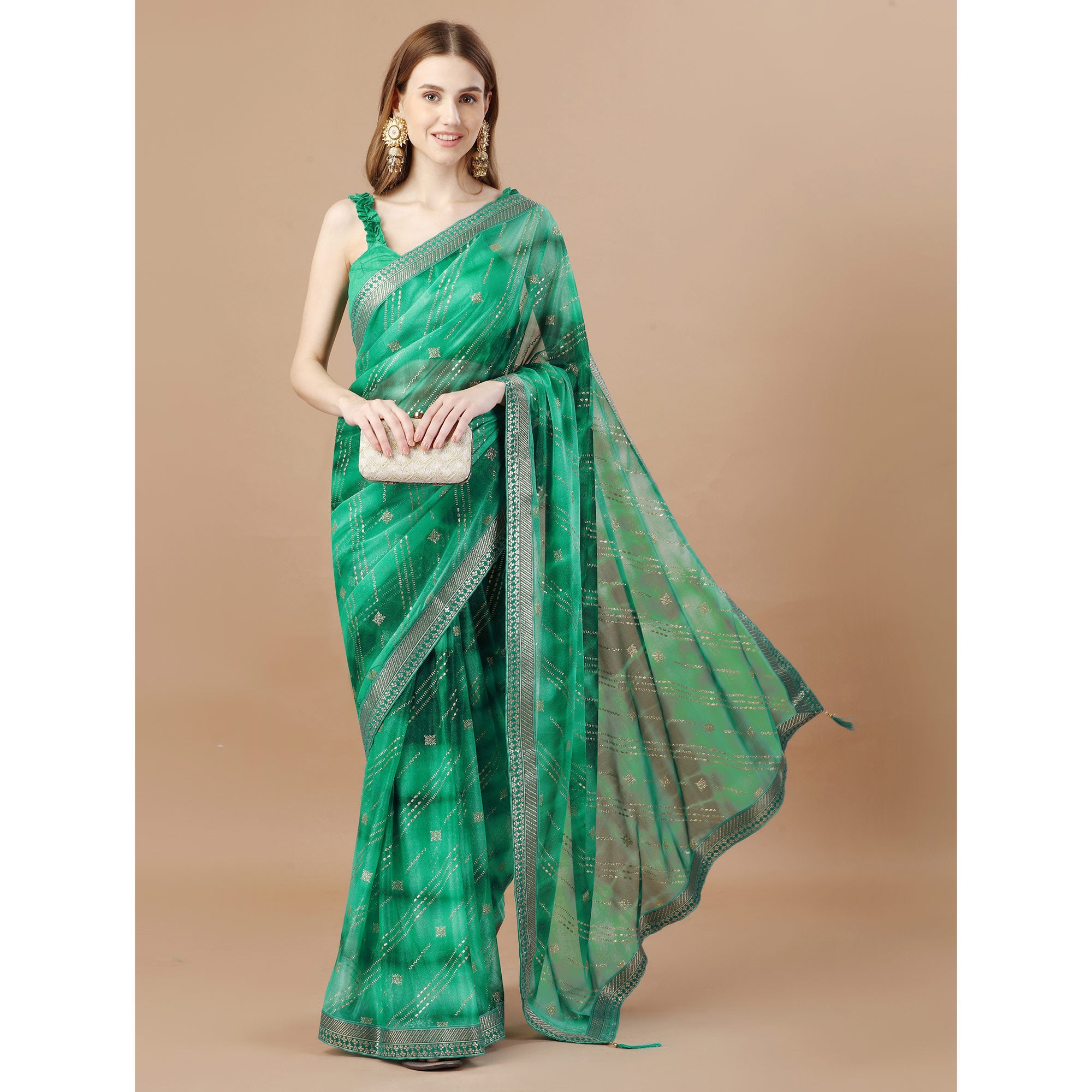 Green Zari Work Chiffon Saree Lace Border