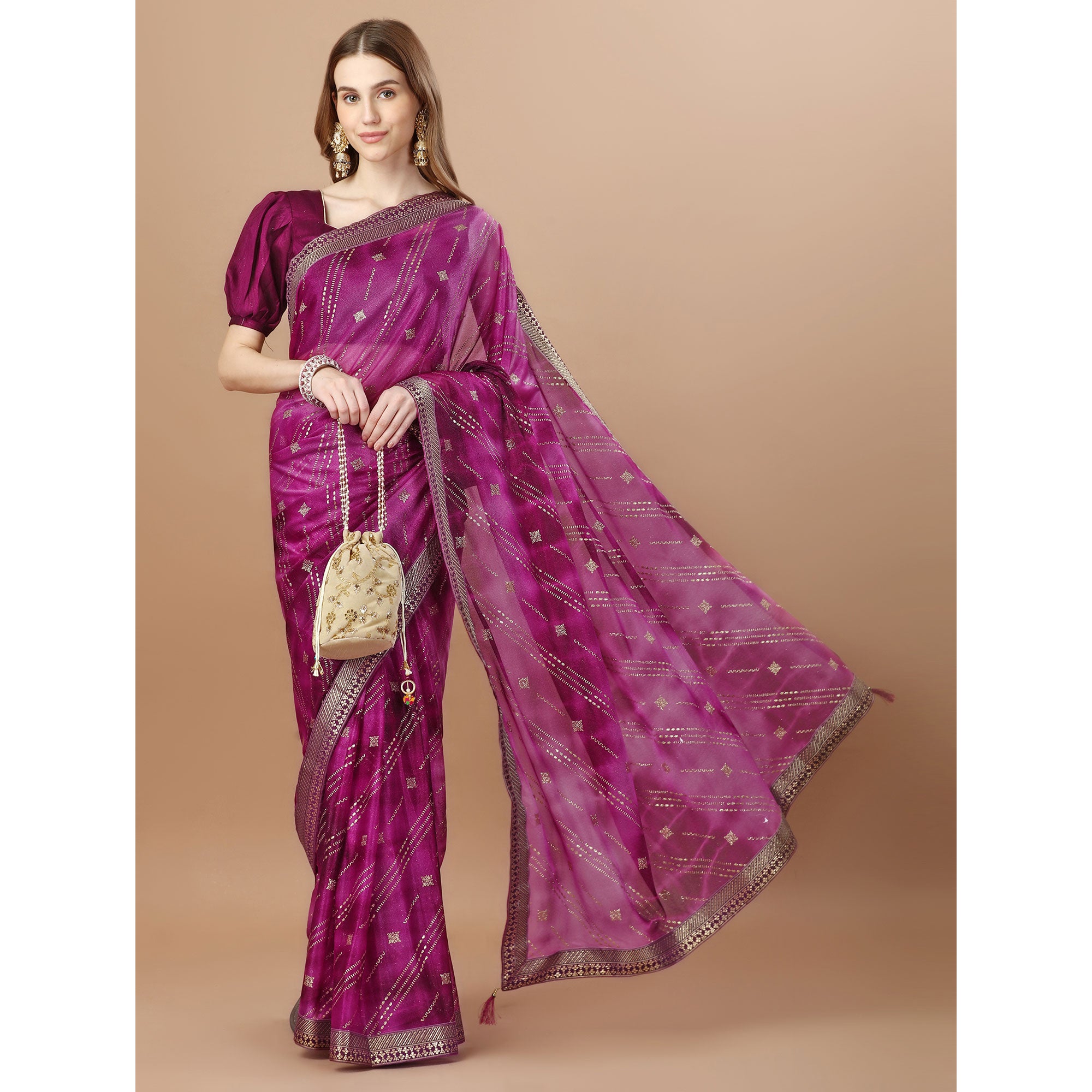 Purple Zari Work Chiffon Saree Lace Border
