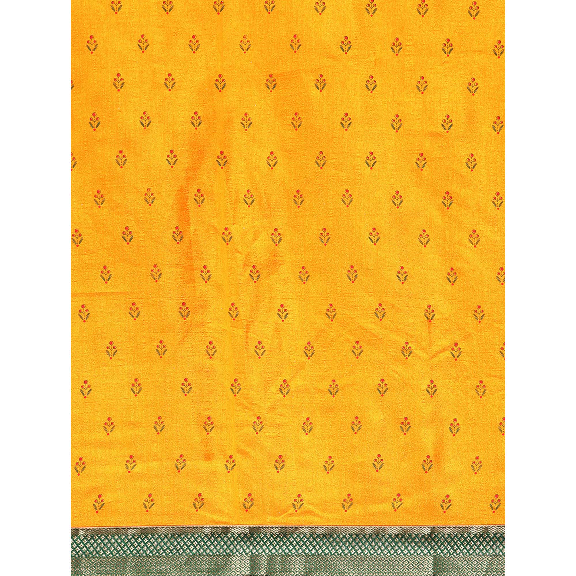 Yellow Floral Printed Vichitra Silk Saree With Tassels