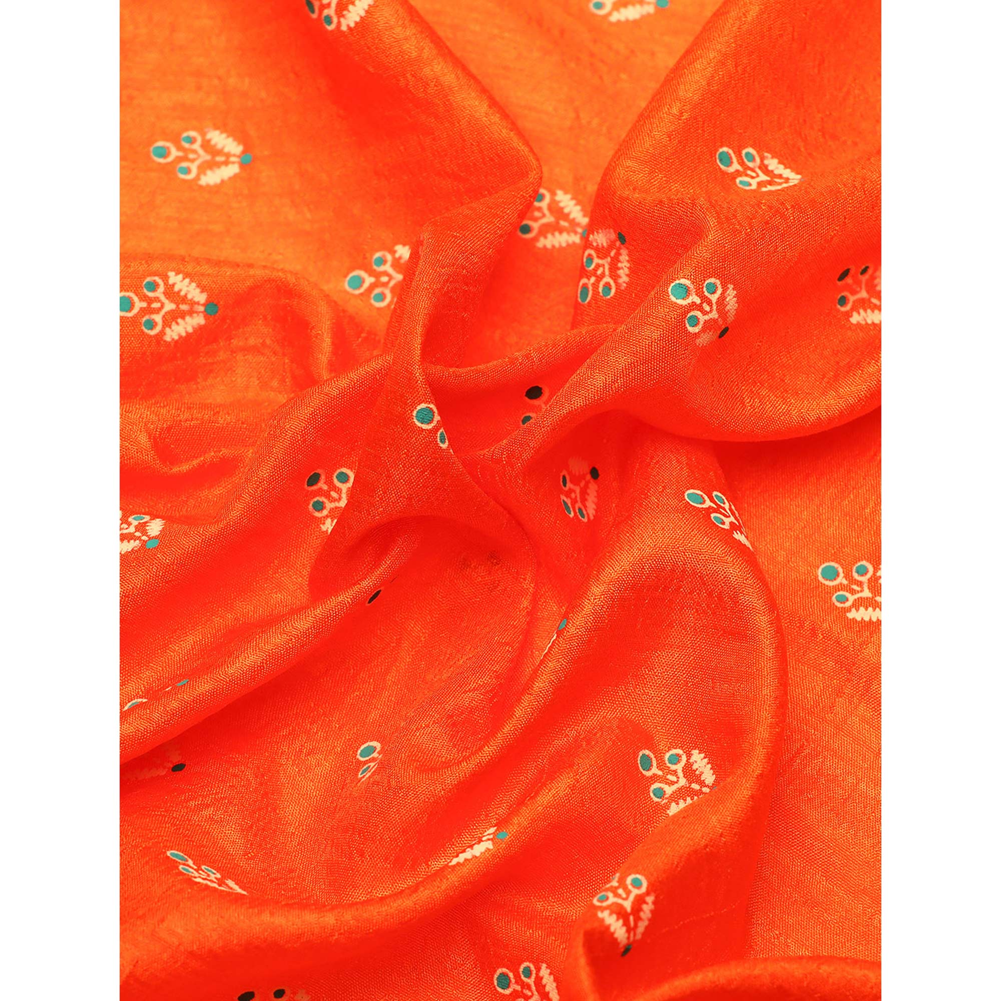 Orange Floral Printed Vichitra Silk Saree With Tassels