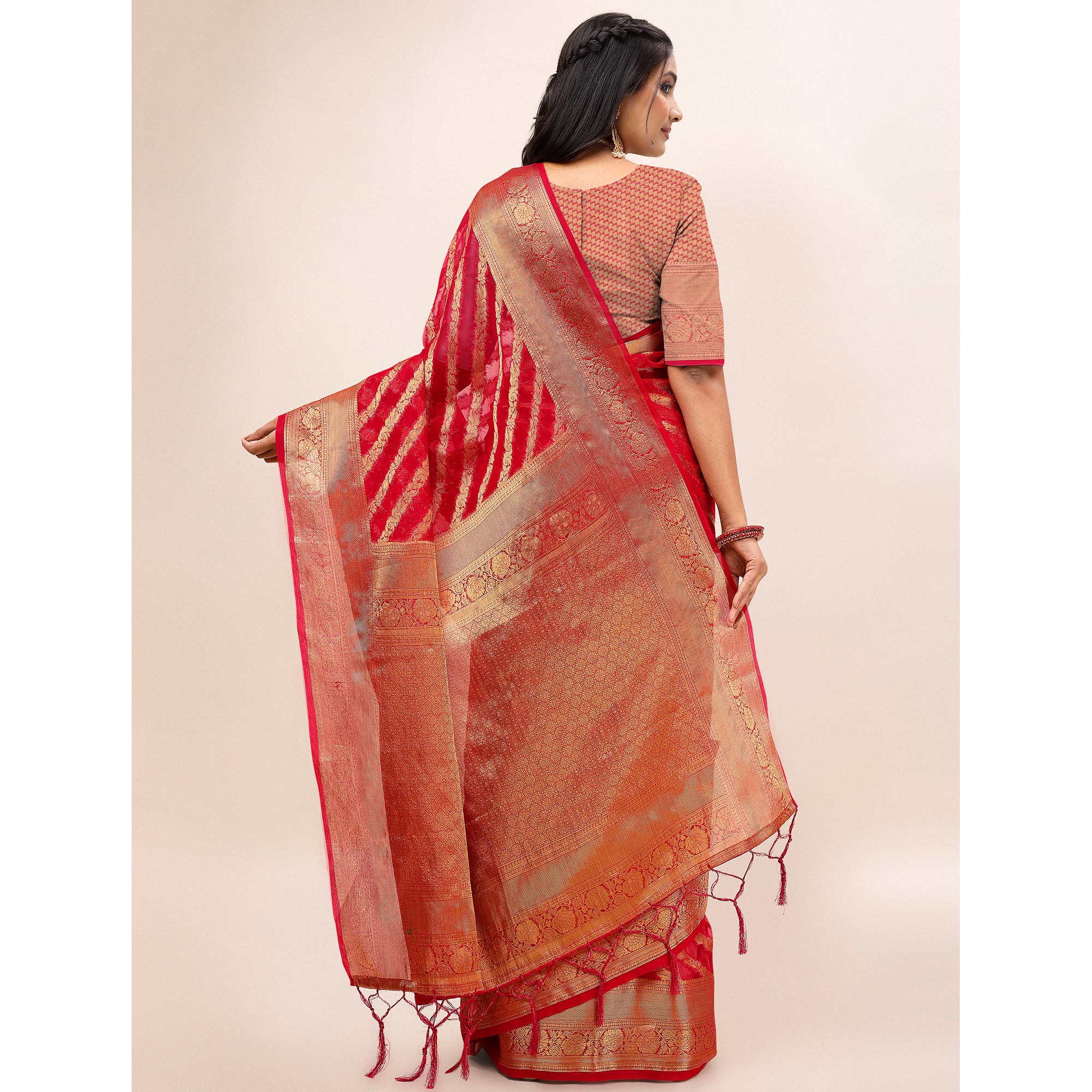 Pink Woven Organza Saree With Tassels