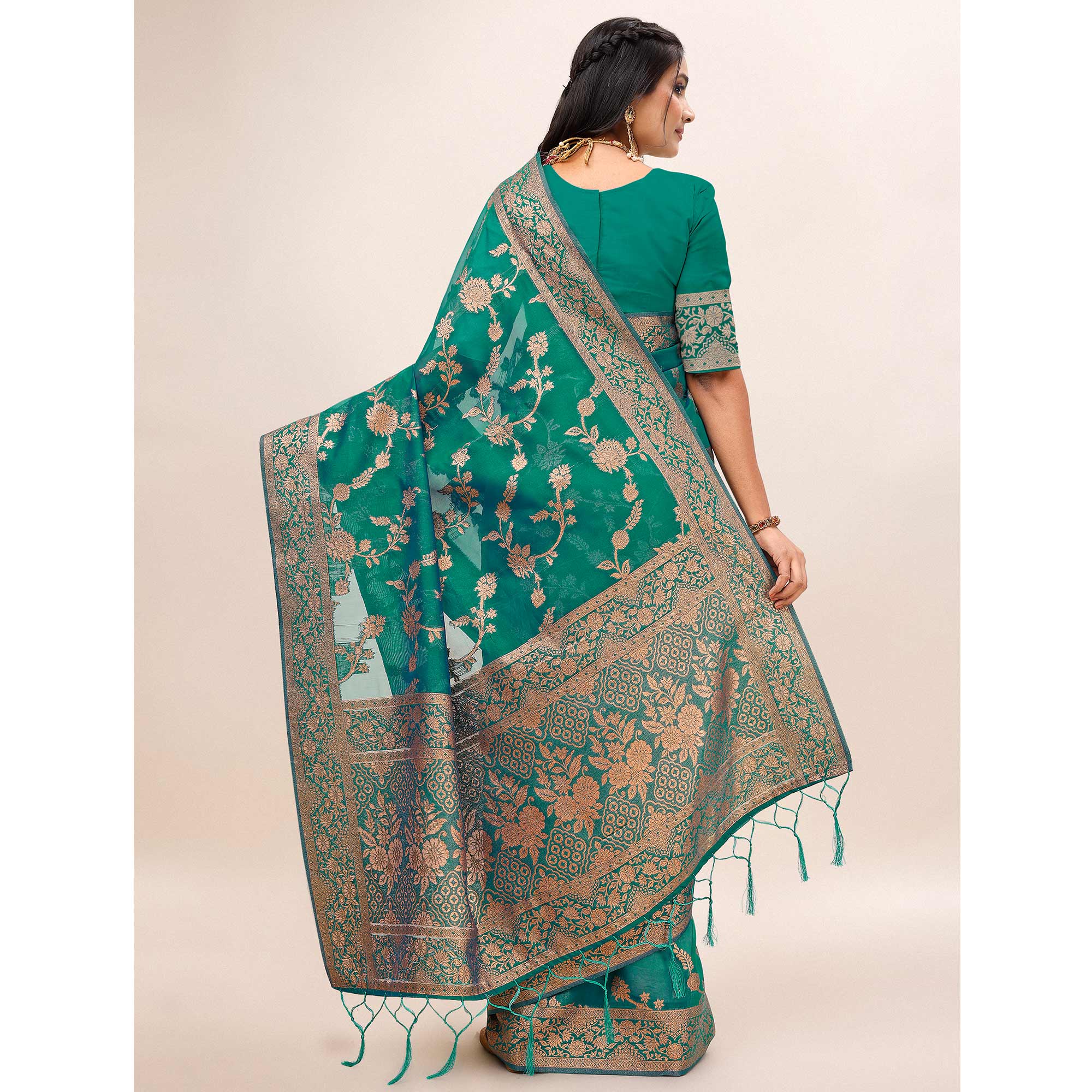 Green Woven Organza Saree With Tassels