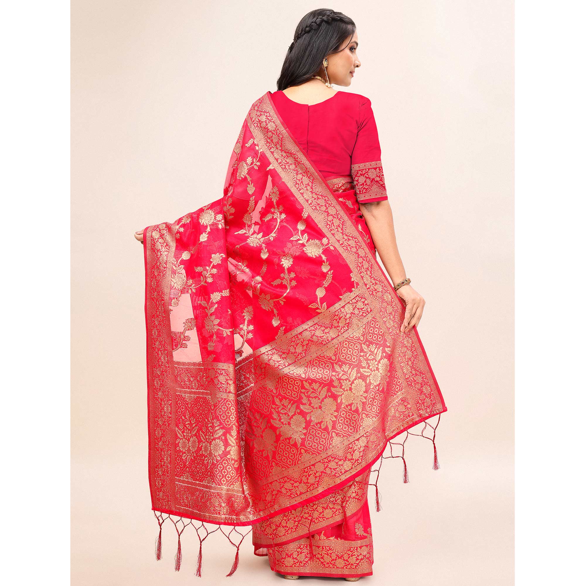 Pink Woven Organza Saree With Tassels