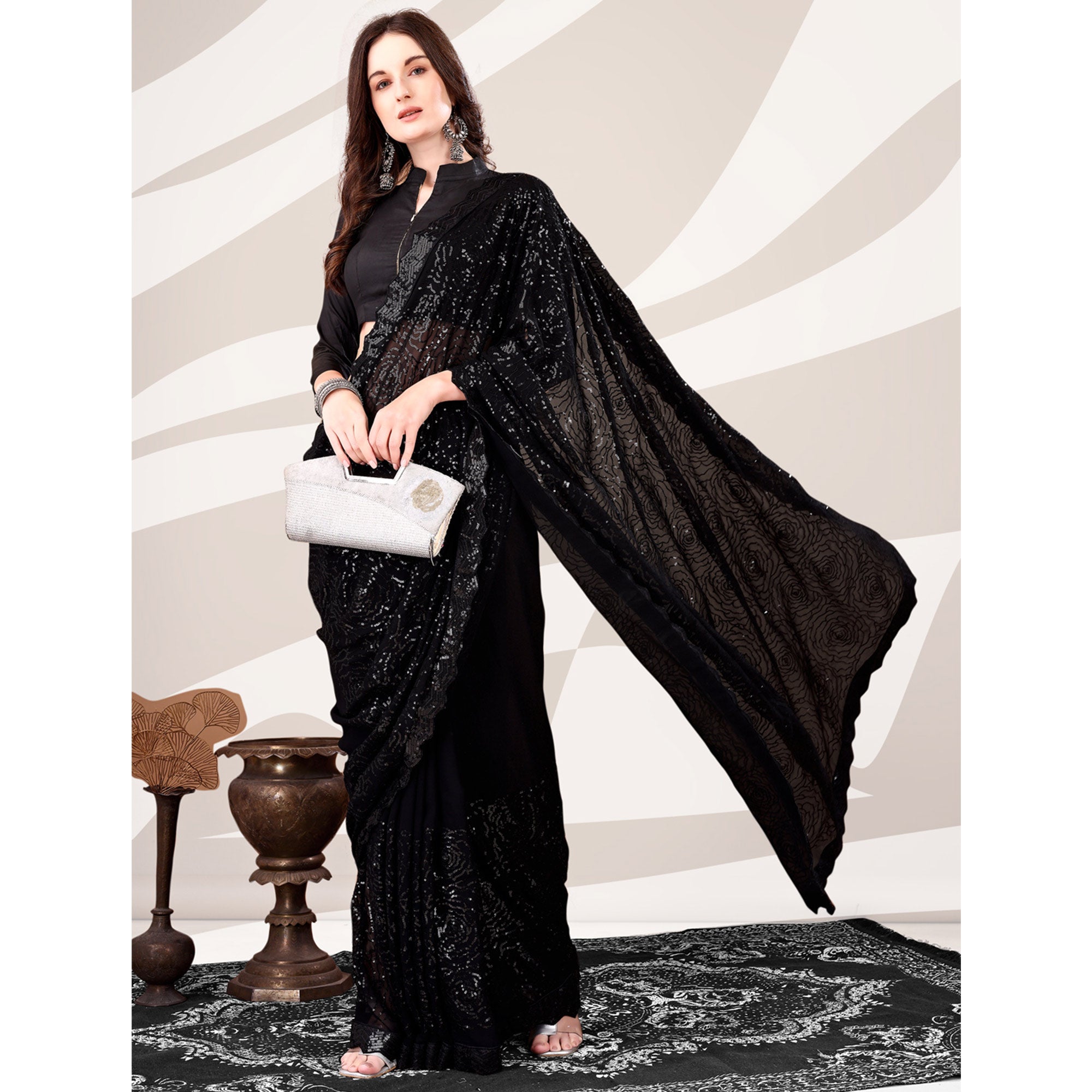 Black Sequin Embroidered Georgette Saree