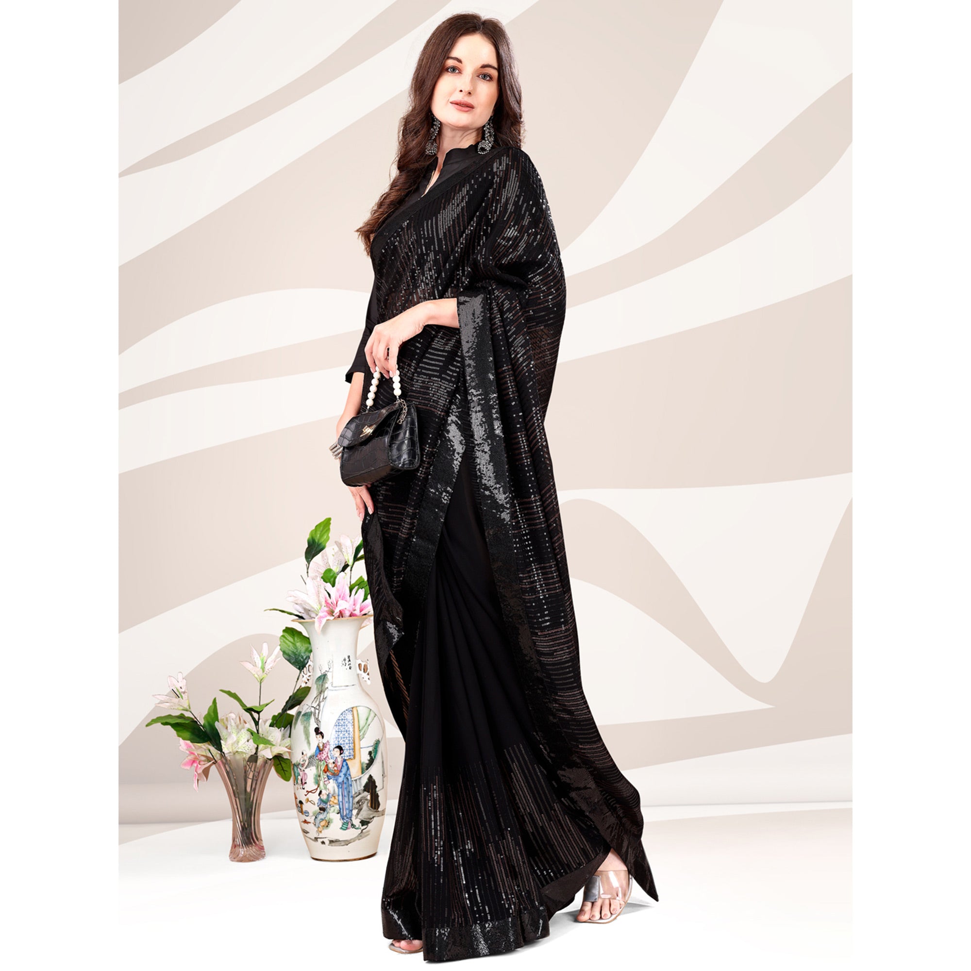 Black Sequin Embroidered Georgette Saree