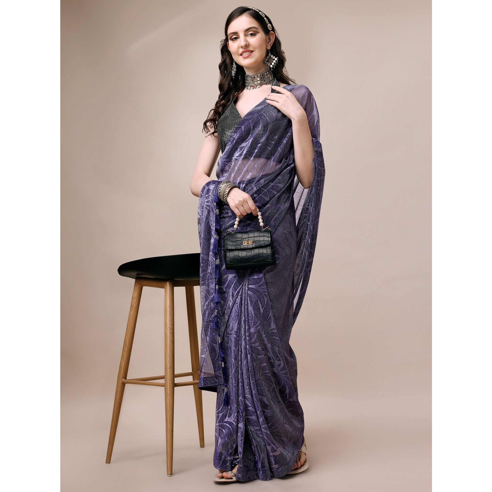 Blue Floral Printed Rayon Saree