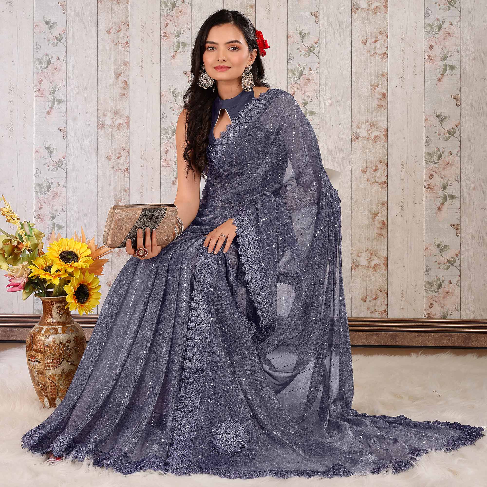 Blue Tikali With Floral Embroidered Lycra Saree