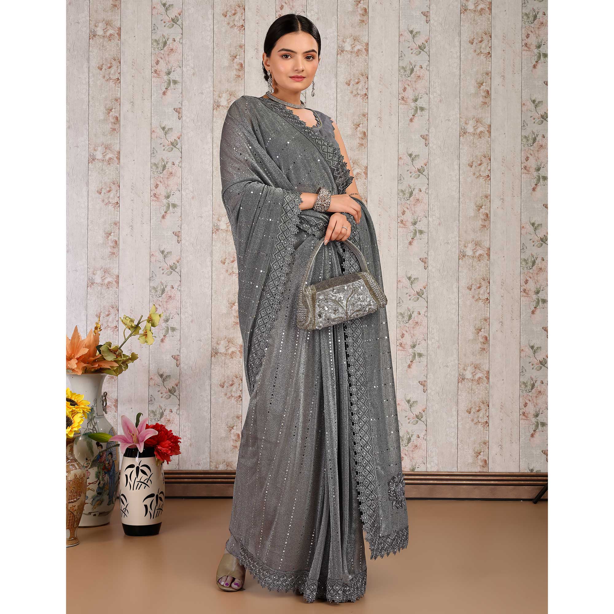 Grey Tikali With Floral Embroidered Lycra Saree