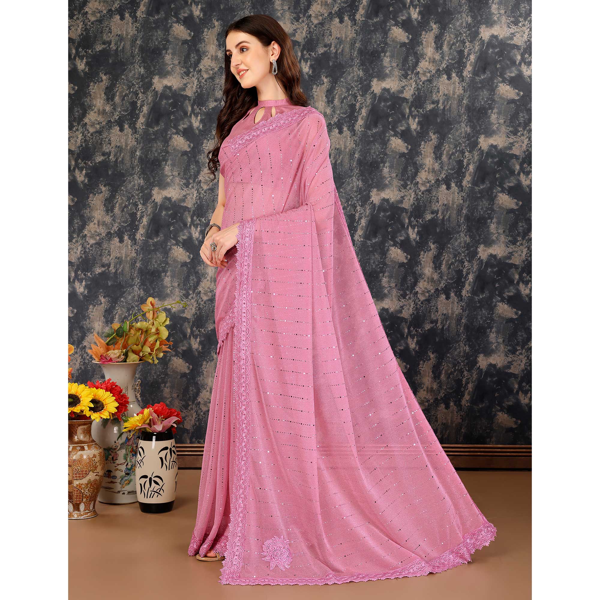 Pink Tikali With Floral Embroidered Lycra Saree
