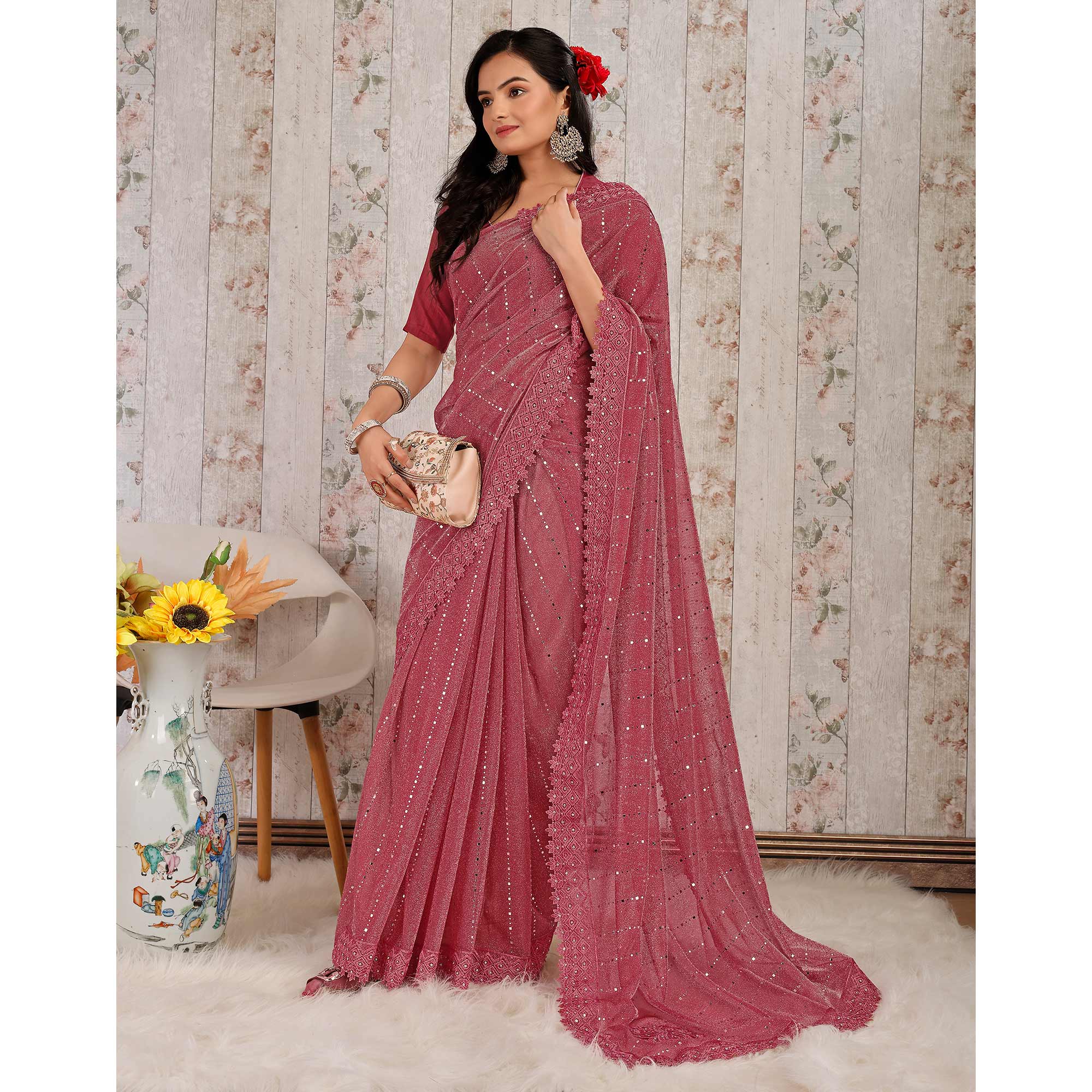 Gajari Pink Tikali With Floral Embroidered Lycra Saree