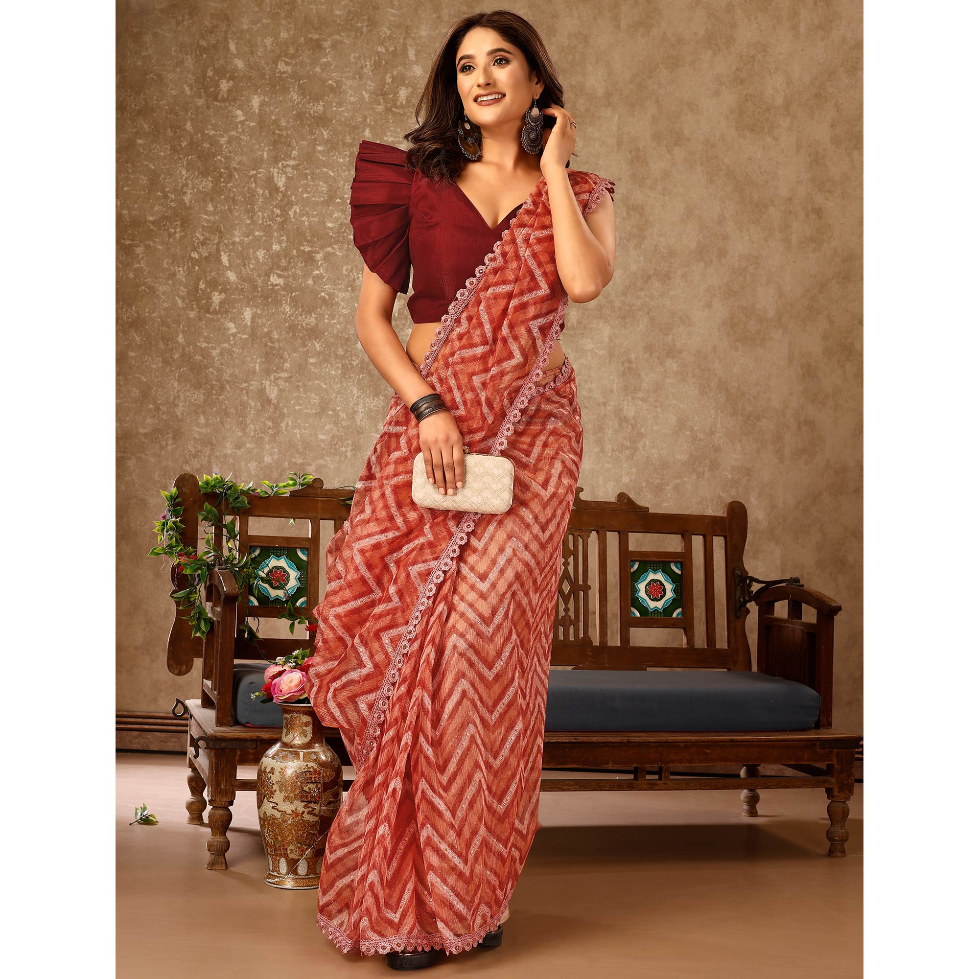 Peach Zig Zag Printed With Stone Work Organza Ready To Wear Saree