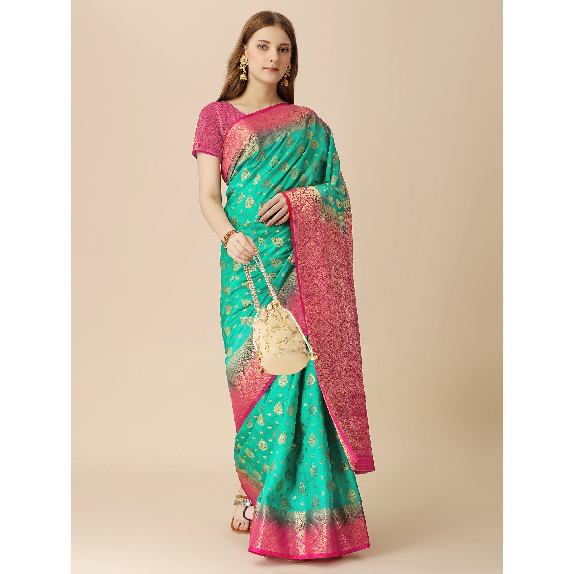 Rama Green Woven Dola Silk Saree