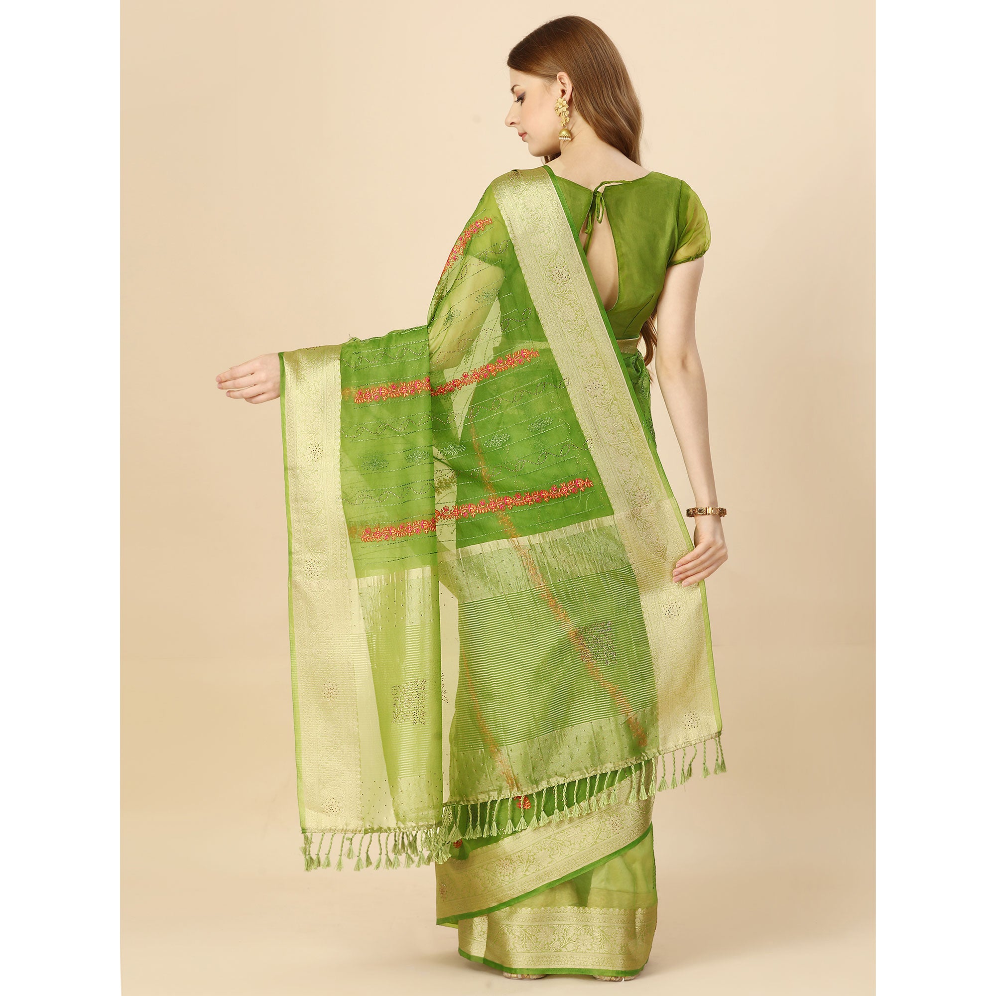 Green Floral Embroidery With Swarovski Work Organza Saree