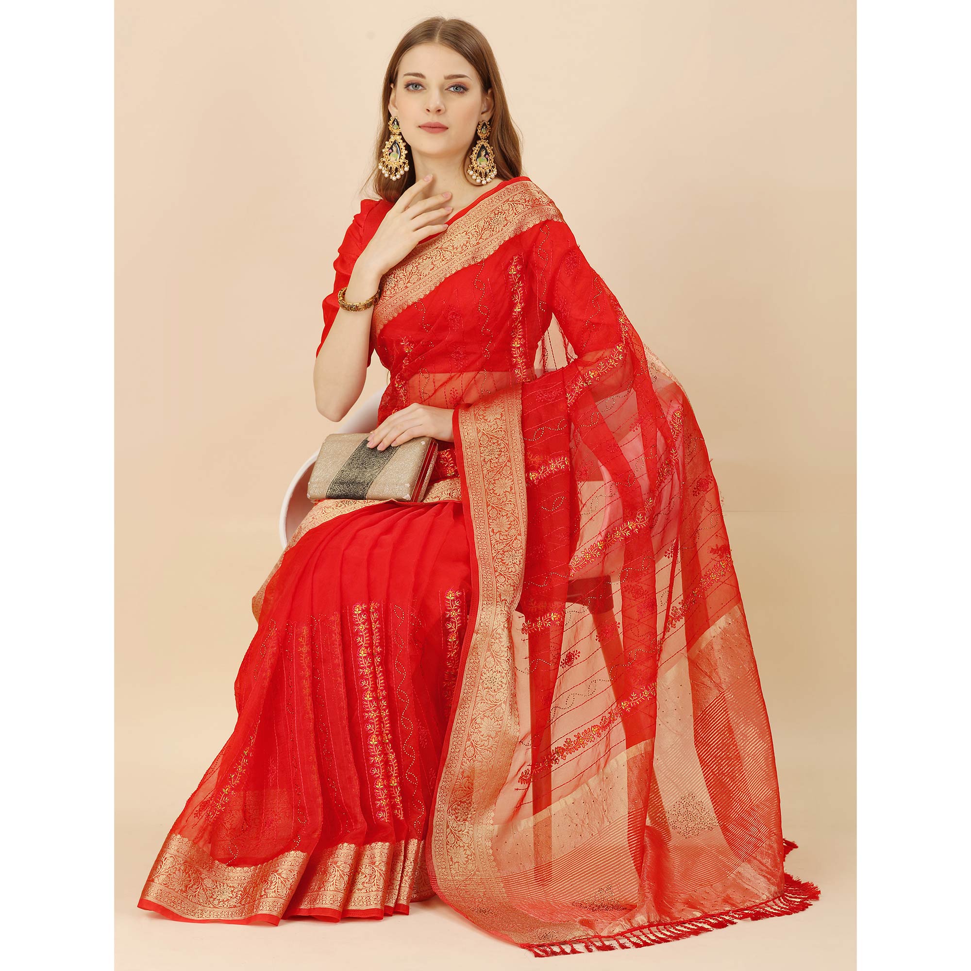 Red Floral Embroidery With Swarovski Work Organza Saree