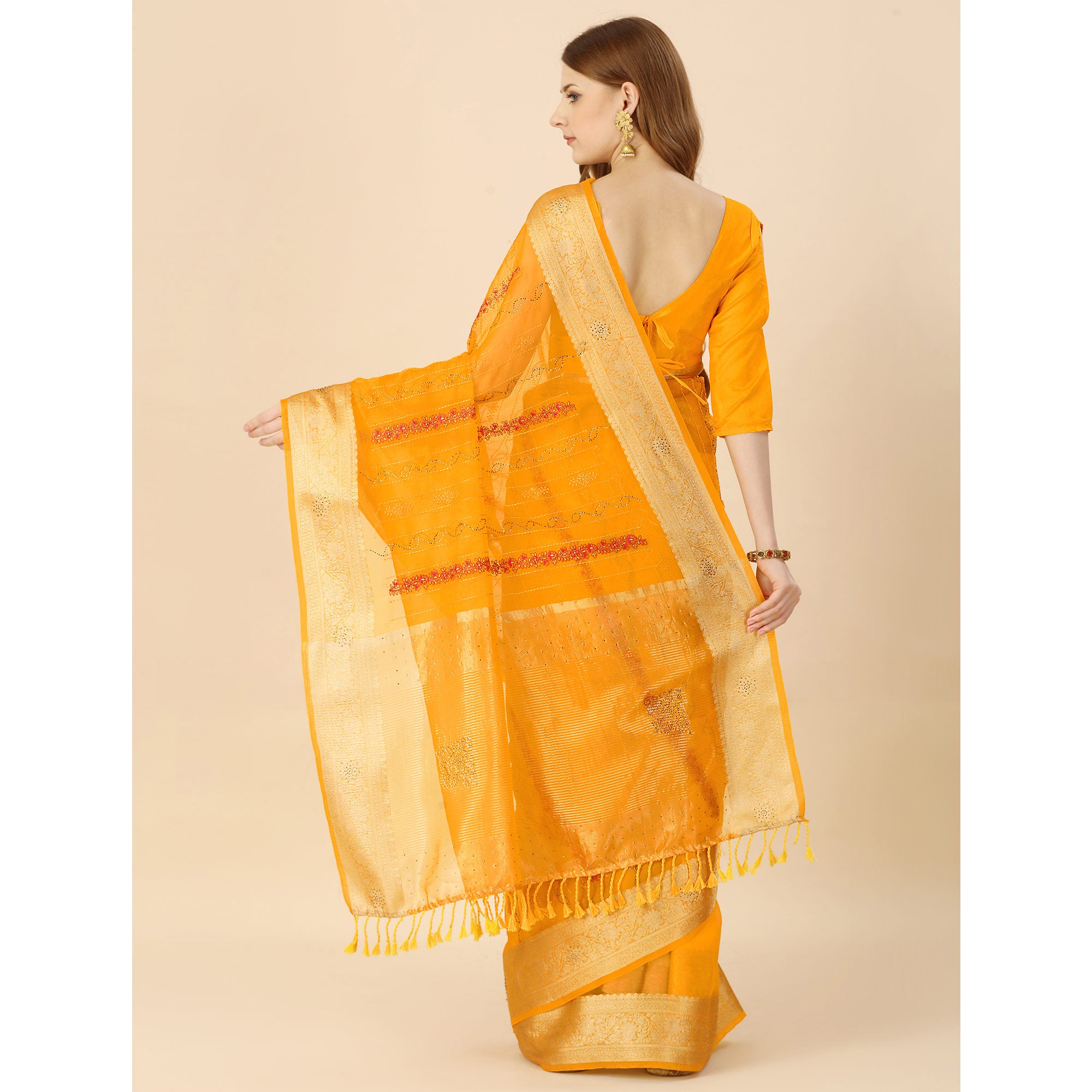 Yellow Floral Embroidery With Swarovski Work Organza Saree