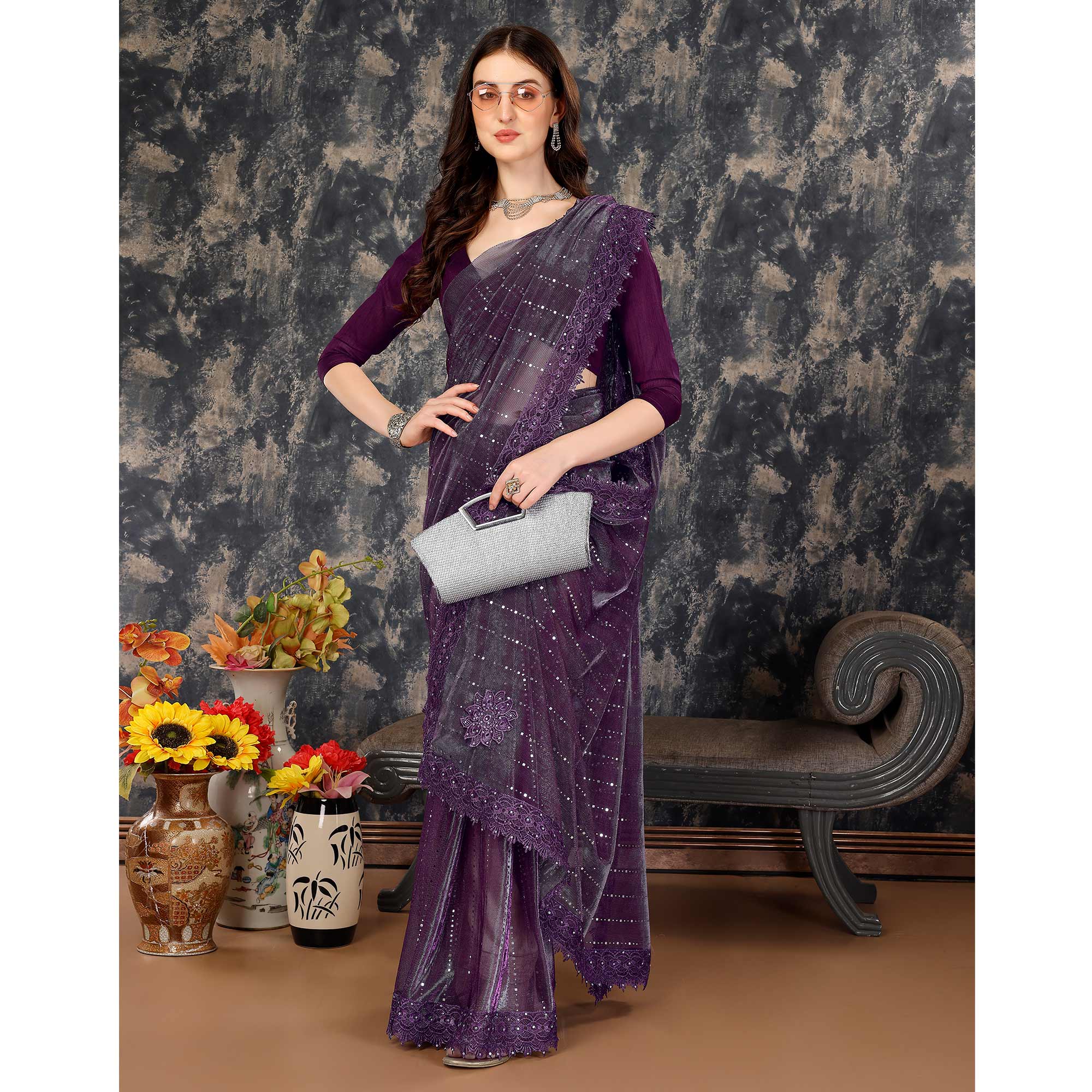 Purple Tikali Work Lycra Saree With Embroidered Lace Border