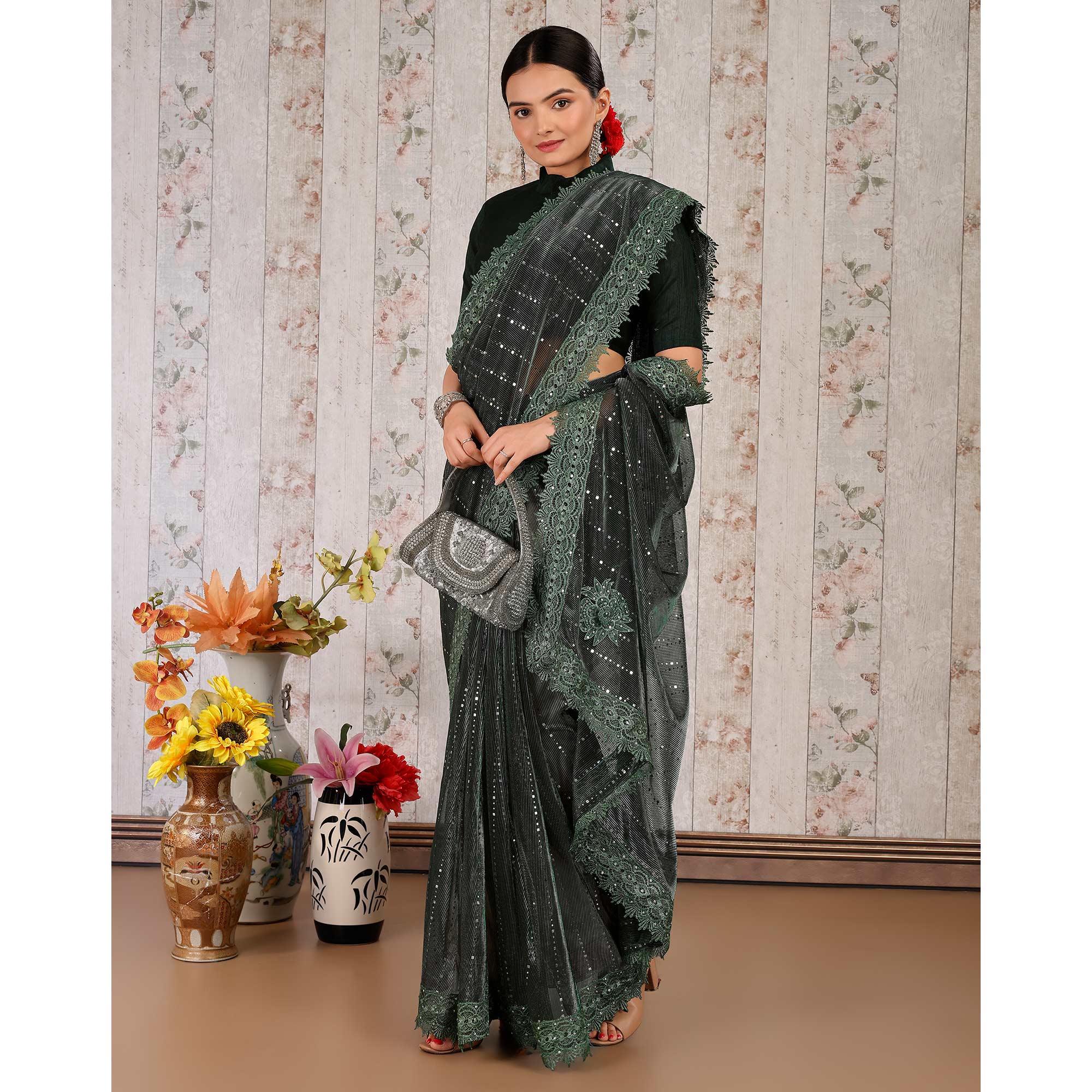 Green Tikali Work Lycra Saree With Embroidered Lace Border