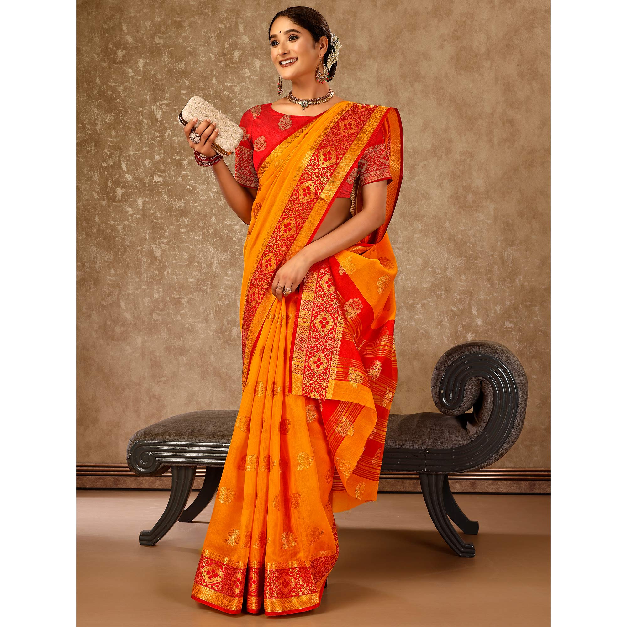 Mustard Floral Zari Woven Cotton Silk Saree