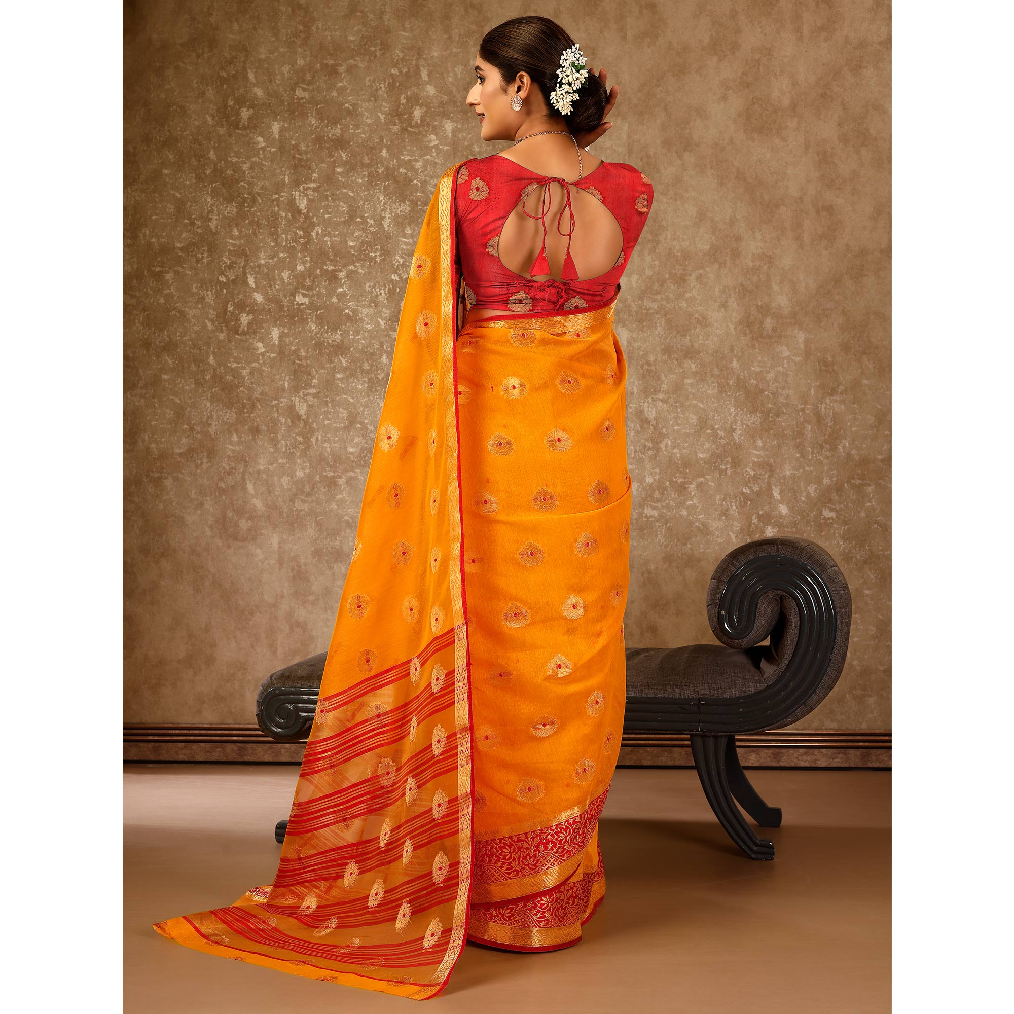 Mustard Floral Zari Woven Cotton Silk Saree