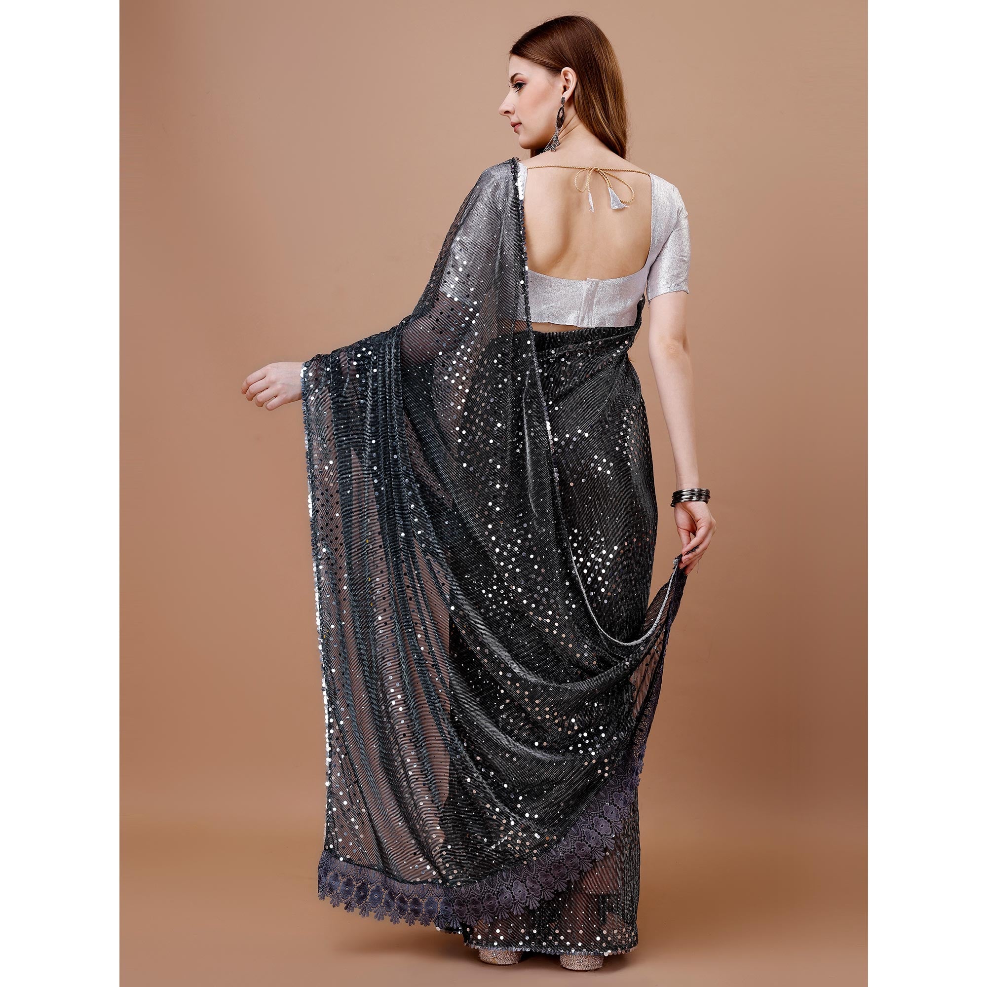 Black Sequins Embroidered Lycra Saree