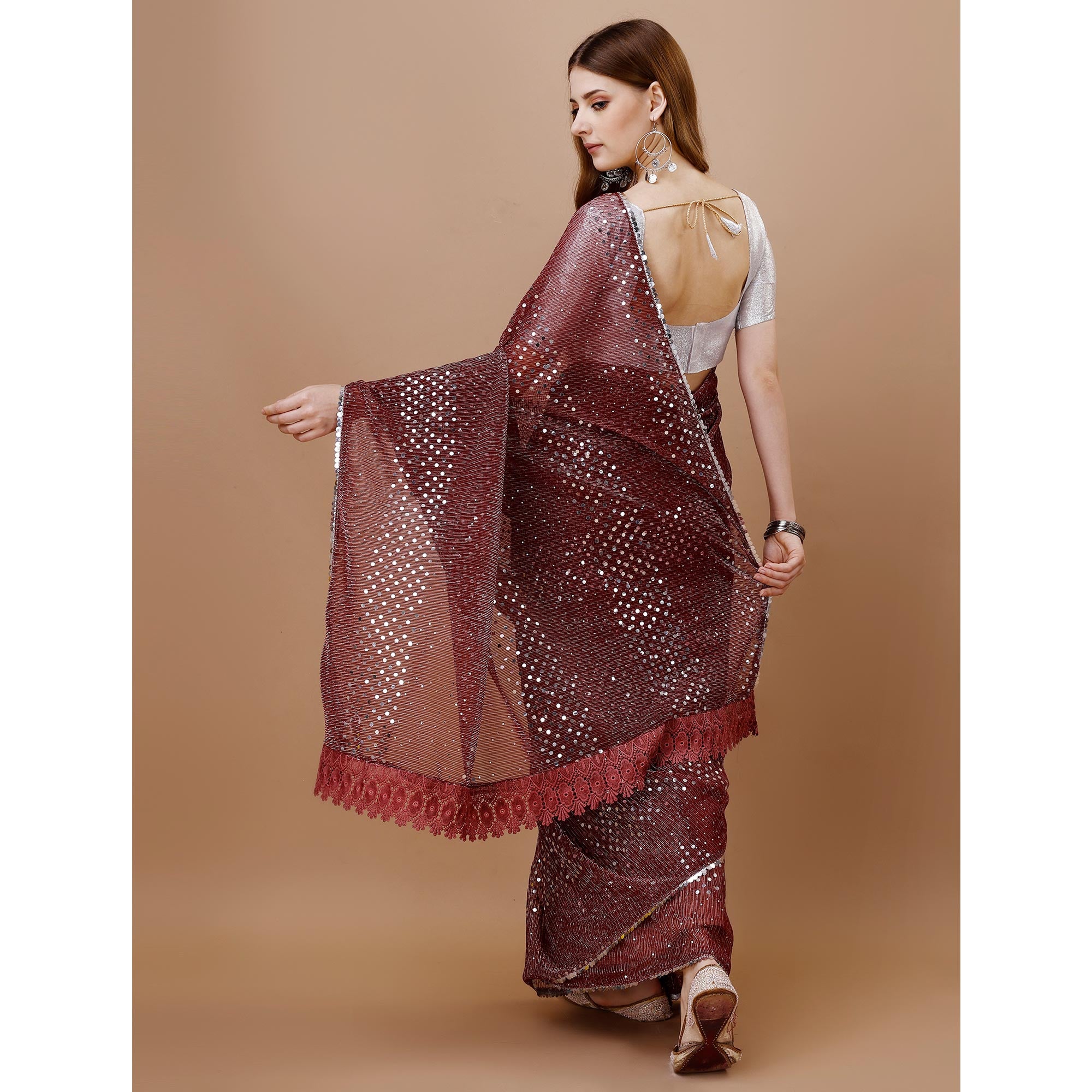 Maroon Sequins Embroidered Lycra Saree