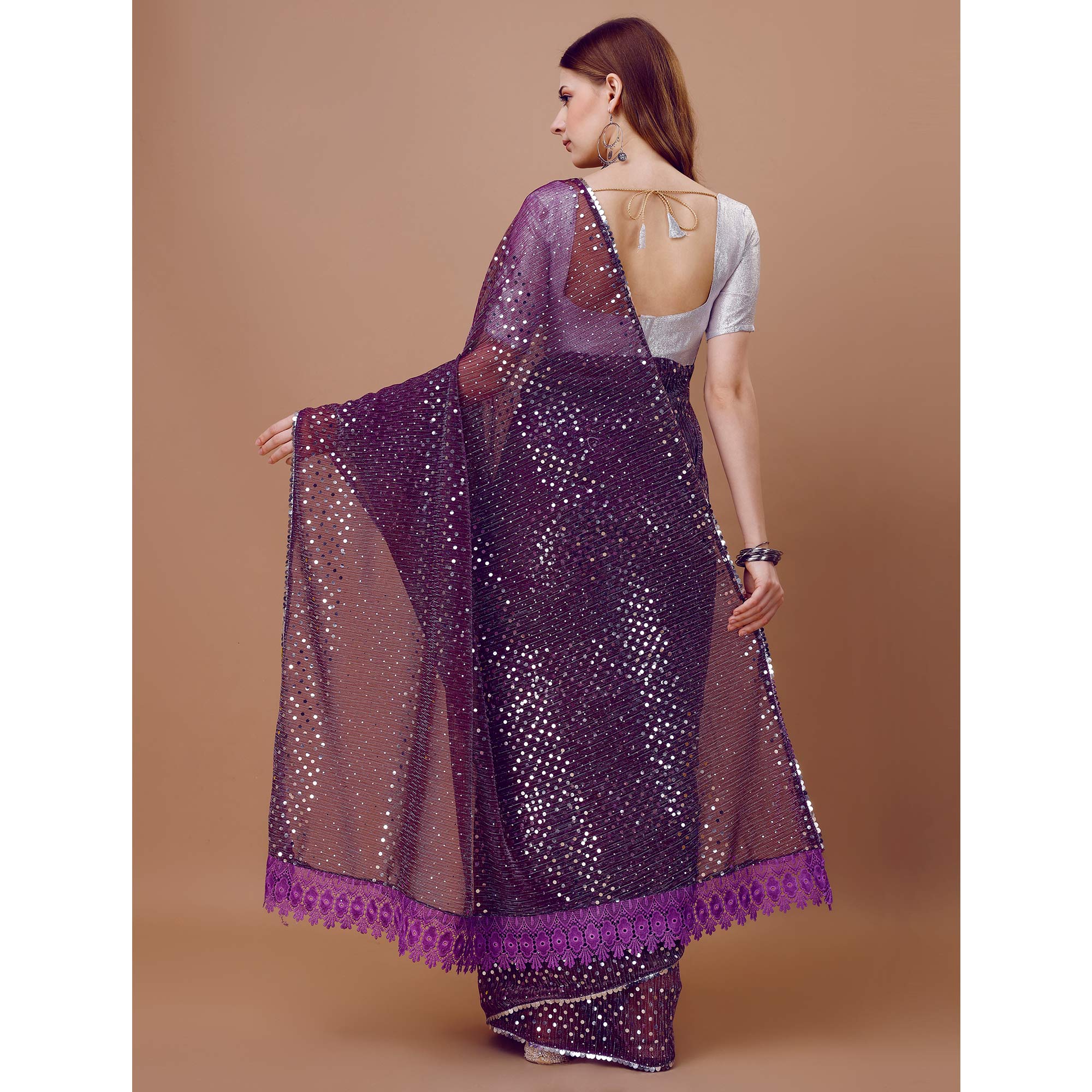 Purple Sequins Embroidered Lycra Saree