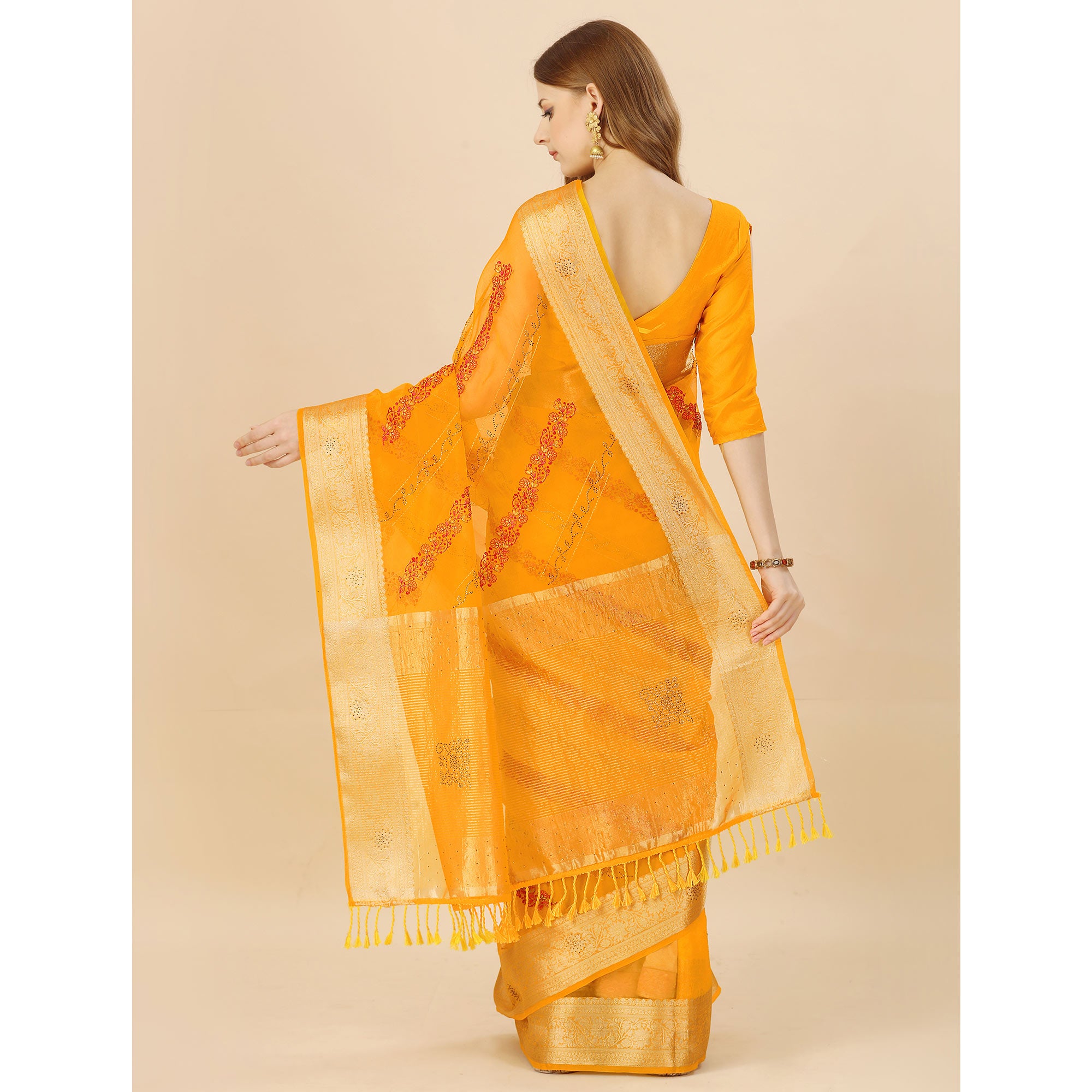Yellow Floral Embroidery With Swarovski Work Organza Saree