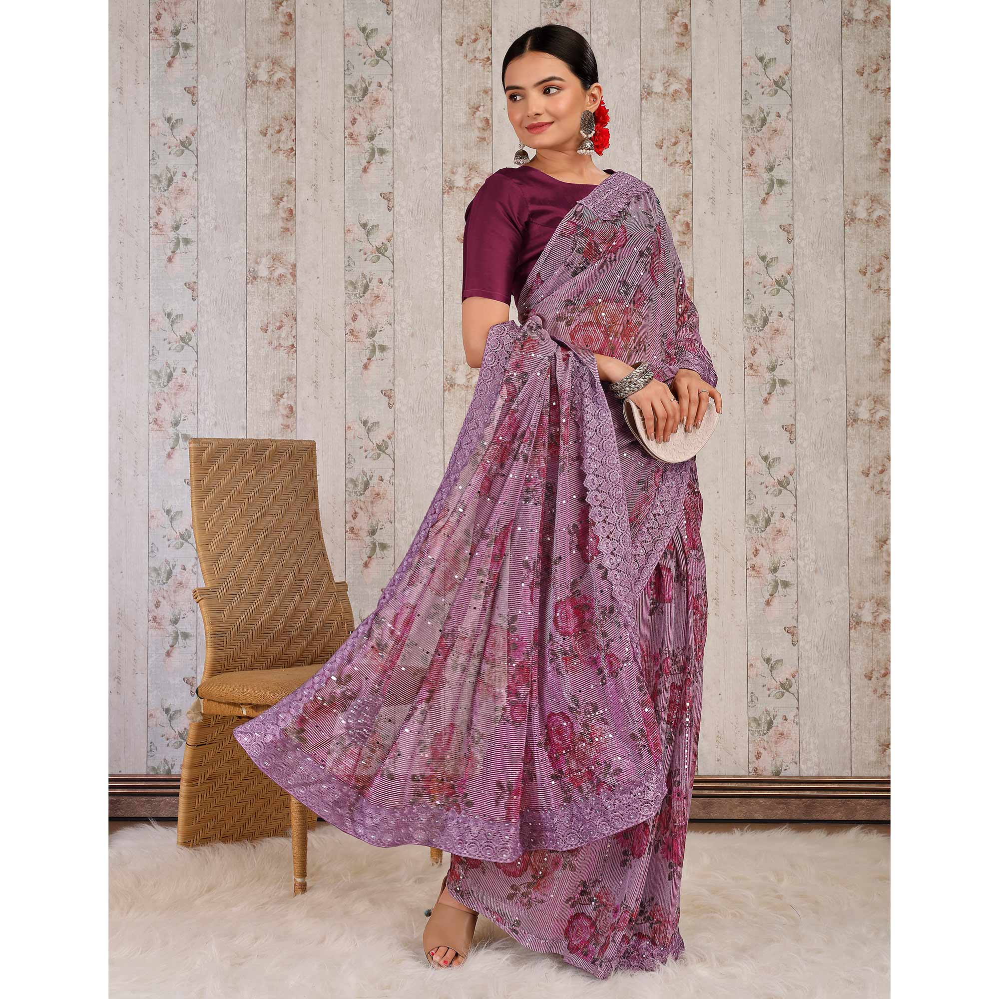 Purple Floral Digital Printed Lycra Saree With Embroidered Border