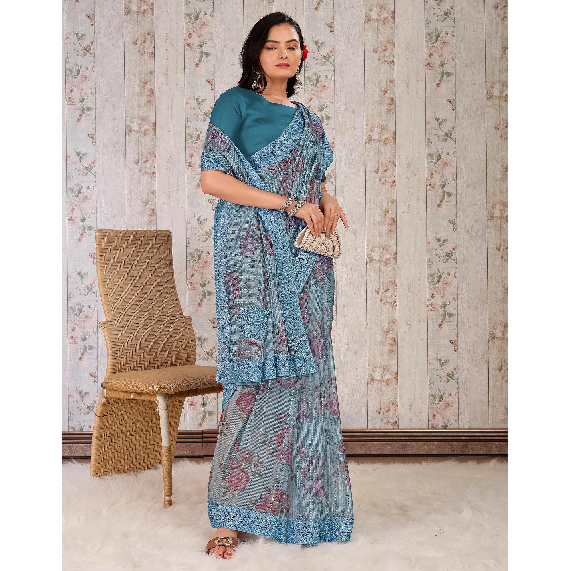 Blue Floral Digital Printed Lycra Saree With Embroidered Border