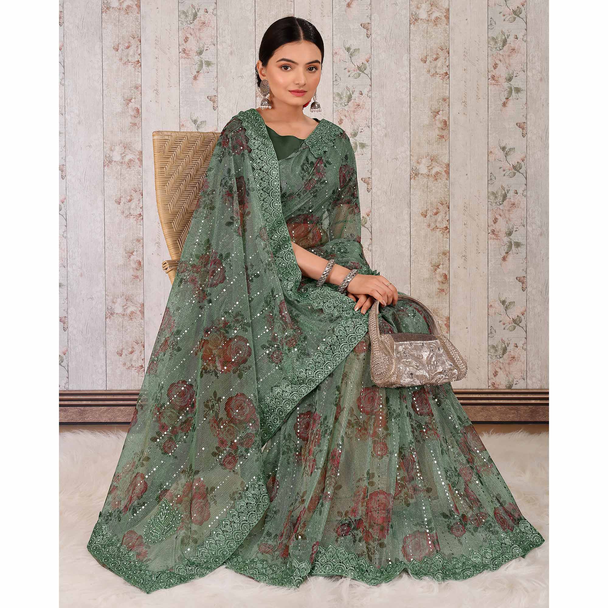 Green Floral Digital Printed Lycra Saree With Embroidered Border