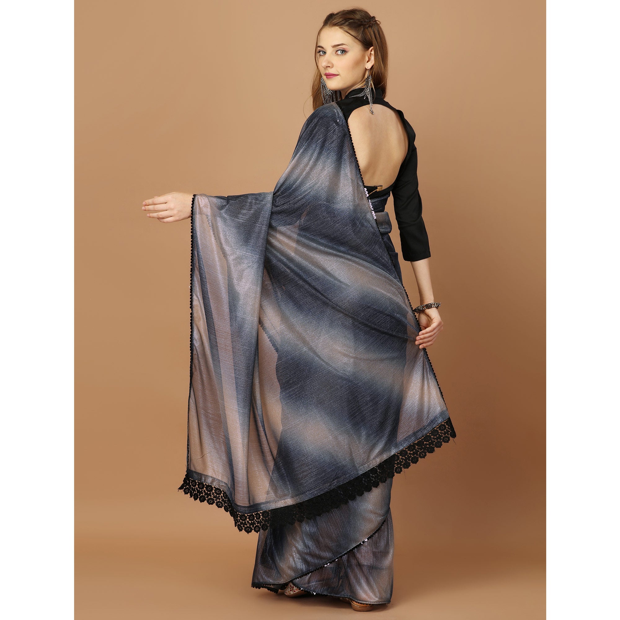Blue Digital Printed Lycra Saree With Lace Border